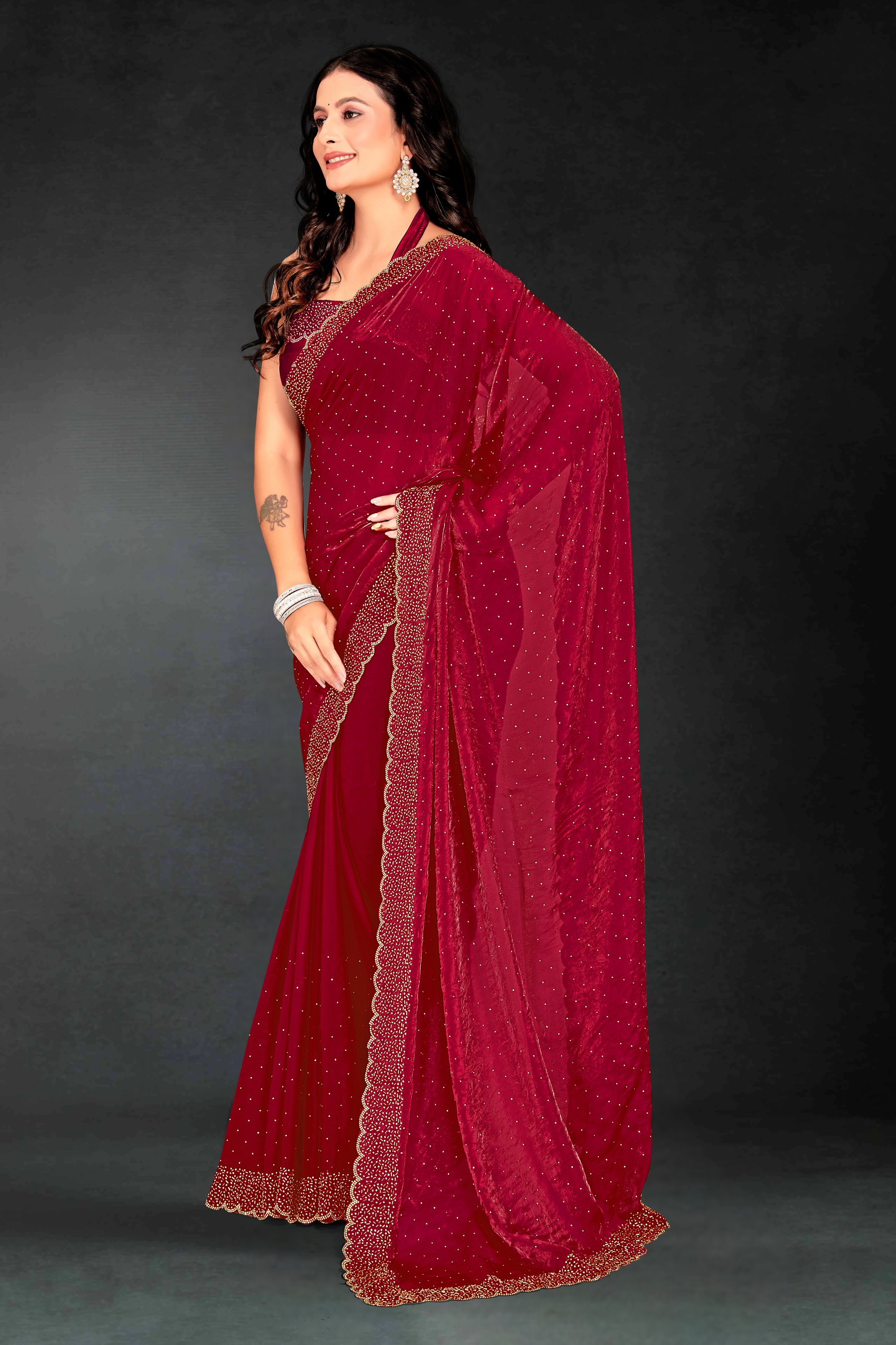 Cherry Fendy Silk Two Tone Zircon Celebration Saree