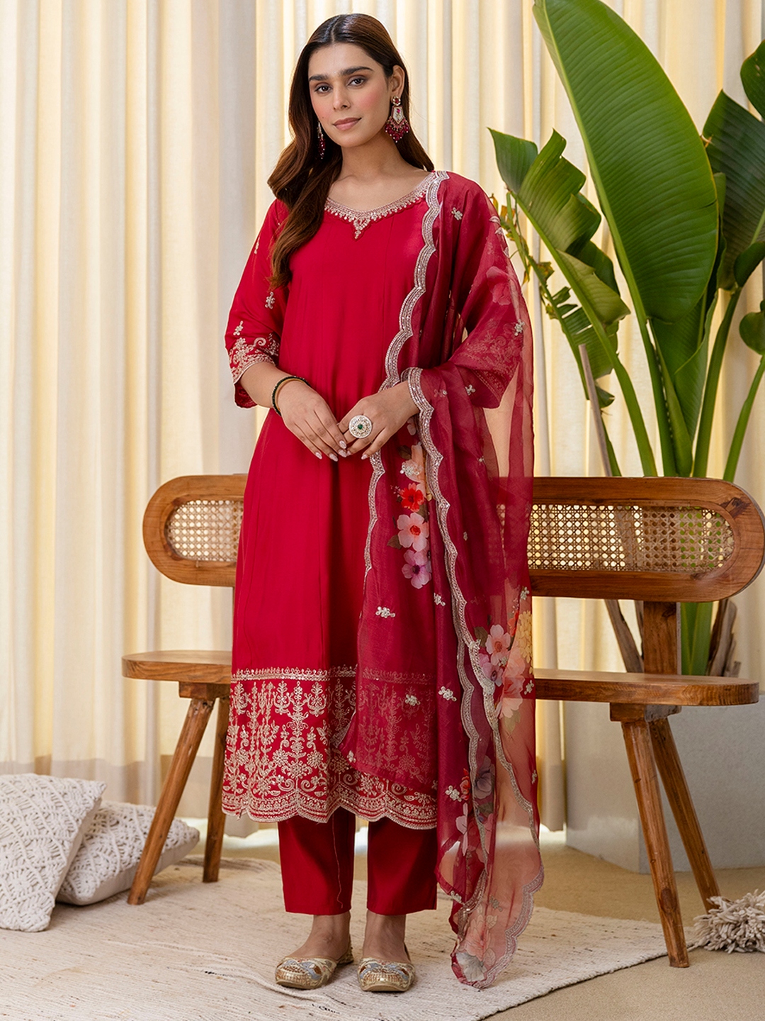 Cherry Floral Embroidered Silk Blend Salwar Suit