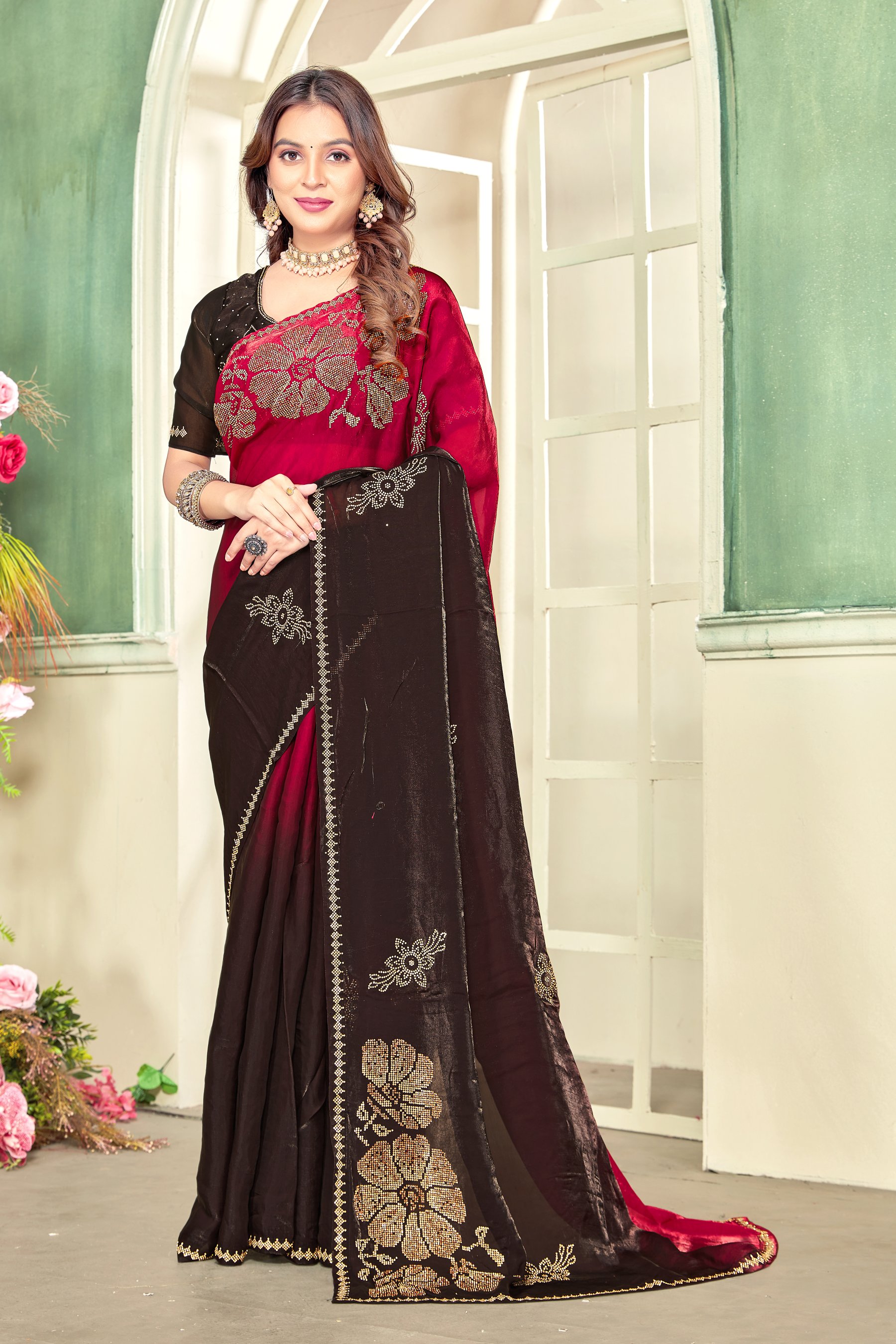 Cherry Heavy Zircon Work Fendi Satin Silk Two Tone Saree