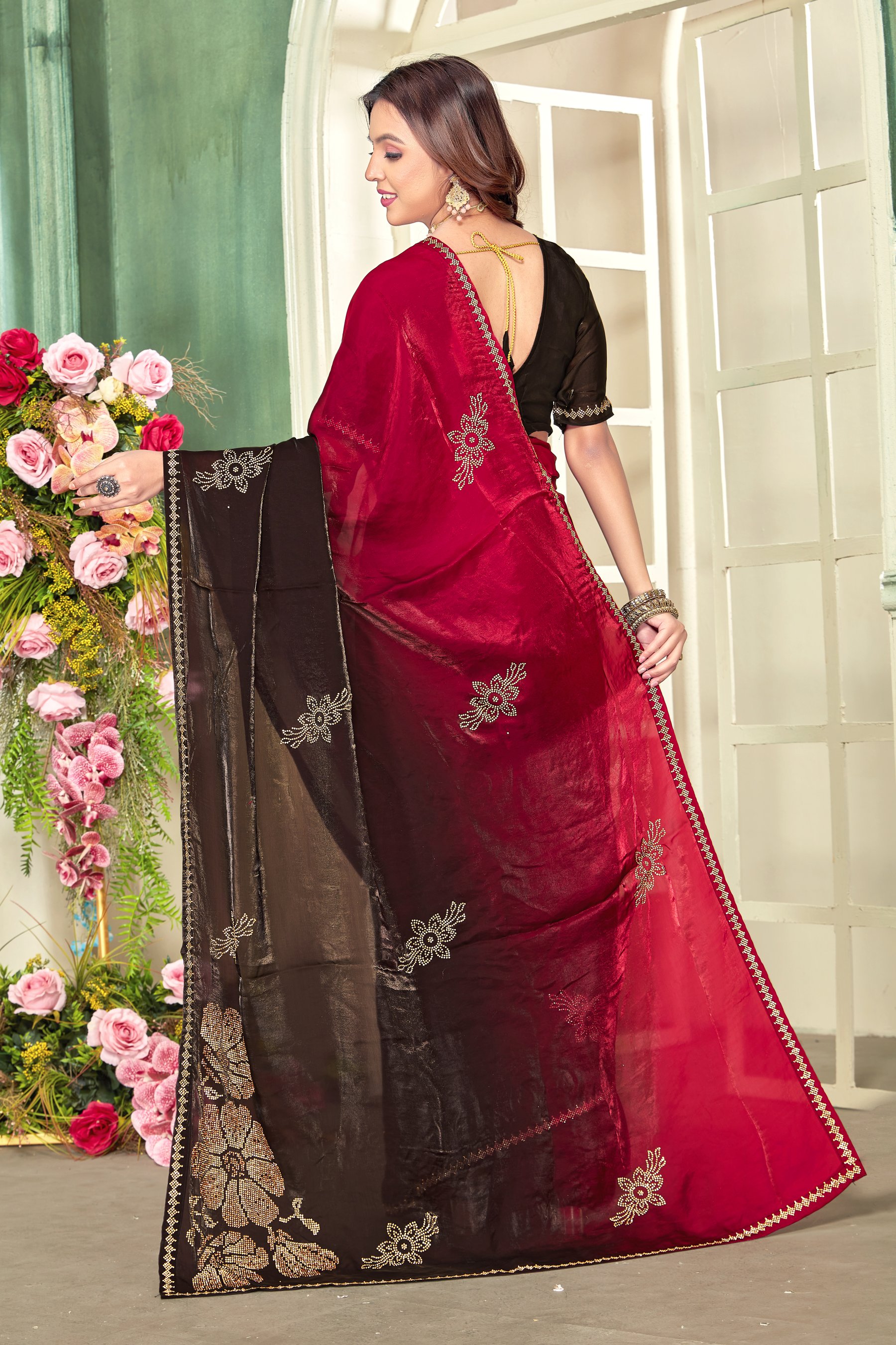 Cherry Heavy Zircon Work Fendi Satin Silk Two Tone Saree — alternate view