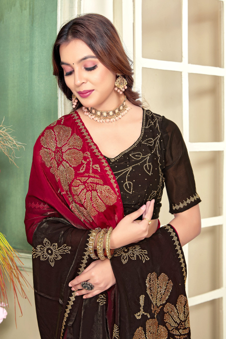 Cherry Heavy Zircon Work Fendi Satin Silk Two Tone Saree