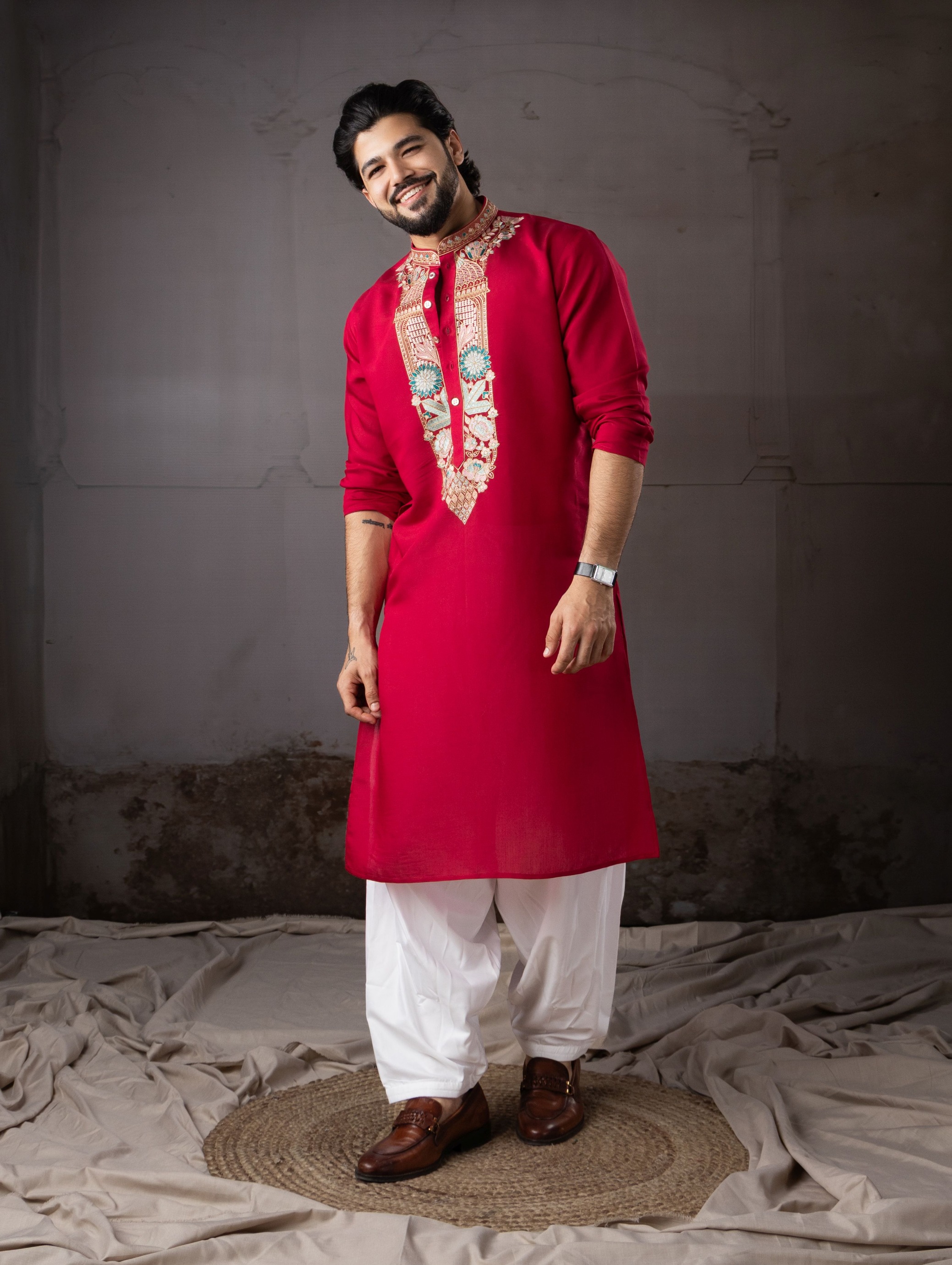 Cherry Red Designer Neck Silk Embroidered Kurta Pyjama