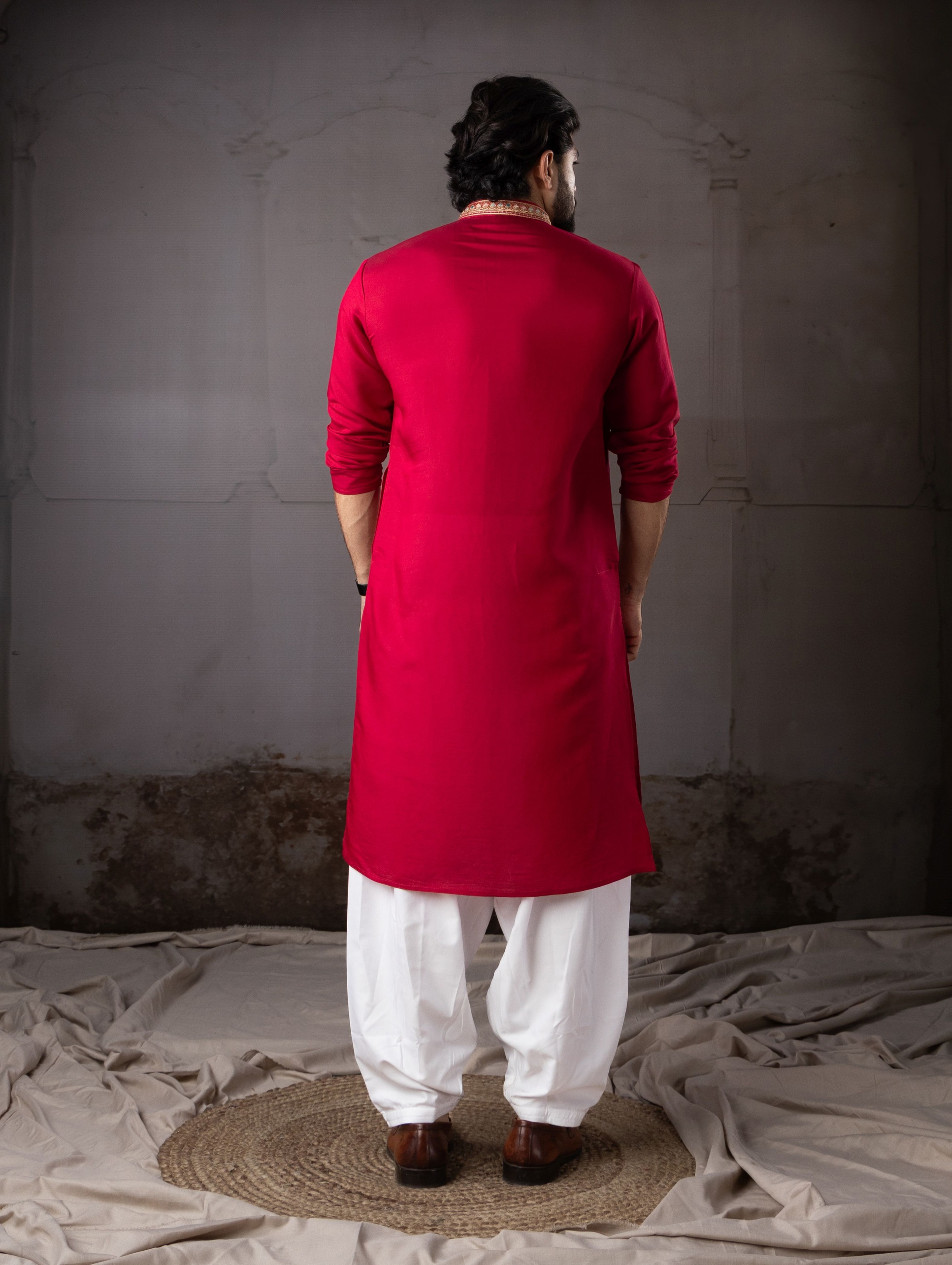 Cherry Red Designer Neck Silk Embroidered Kurta Pyjama — alternate view