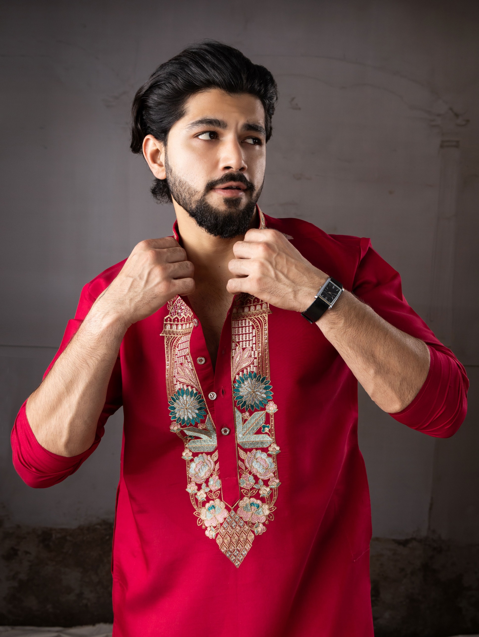 Cherry Red Designer Neck Silk Embroidered Kurta Pyjama