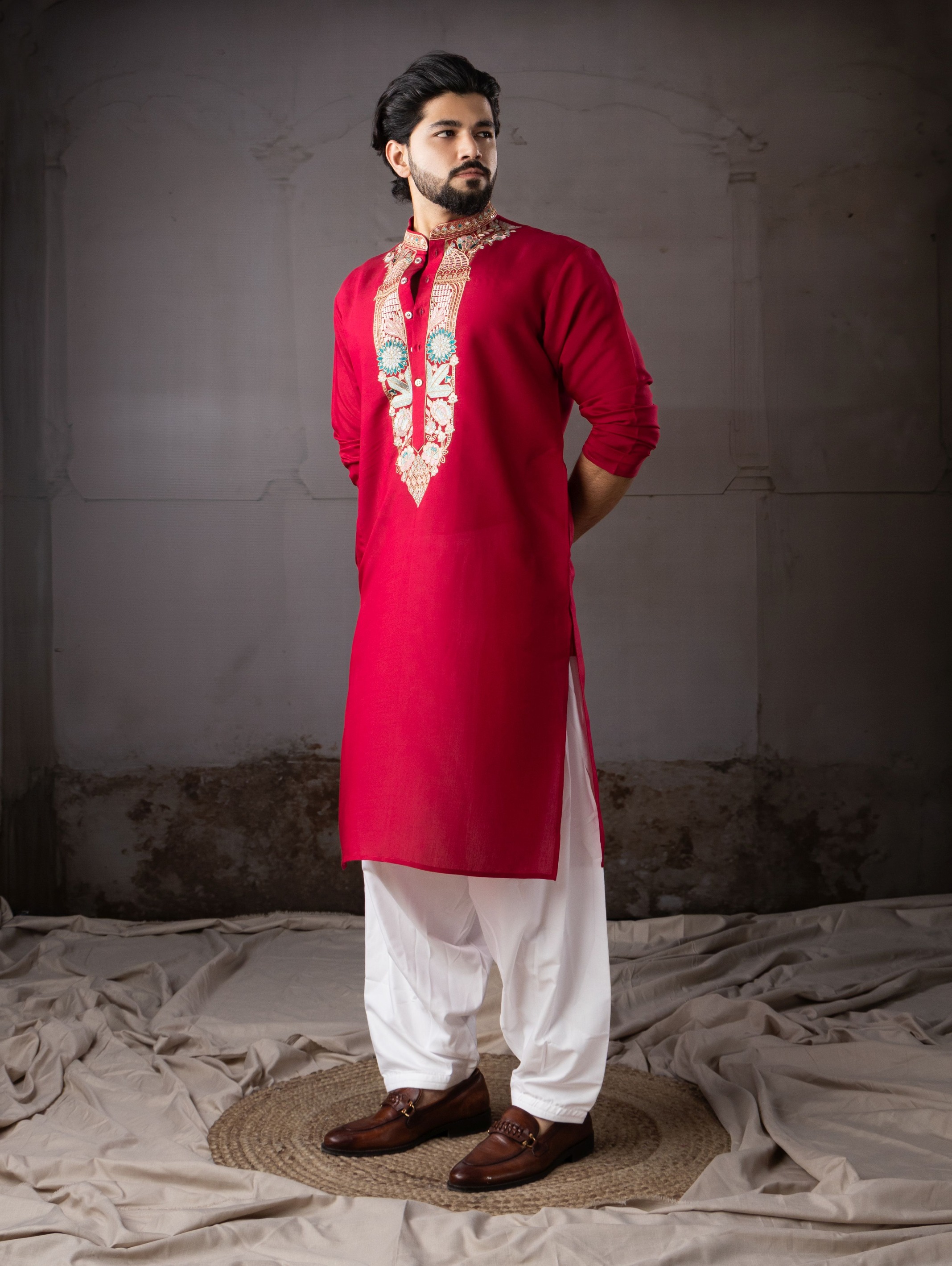 Cherry Red Designer Neck Silk Embroidered Kurta Pyjama