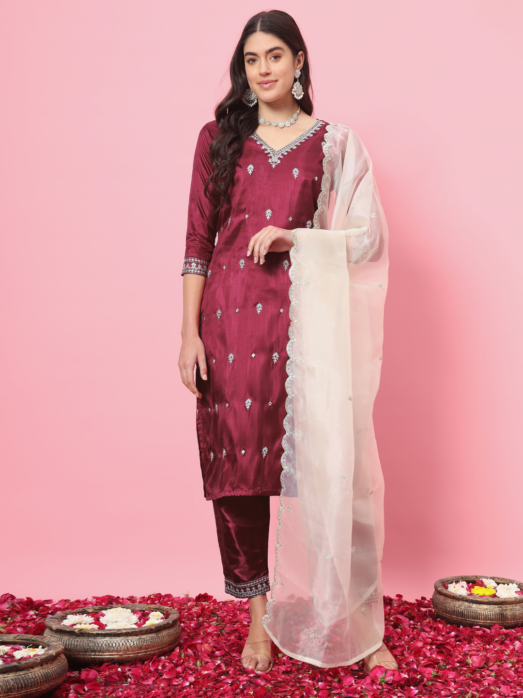 Cherry Red Embroidered Silk Blend Readymade Suit