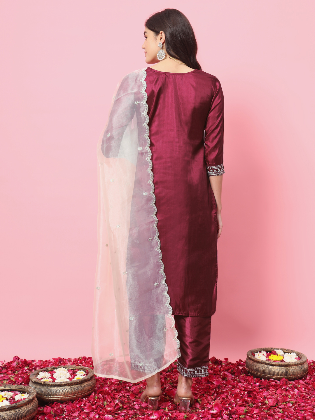 Cherry Red Embroidered Silk Blend Readymade Suit — alternate view