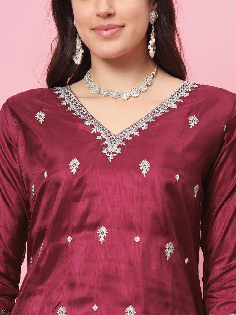 Cherry Red Embroidered Silk Blend Readymade Suit