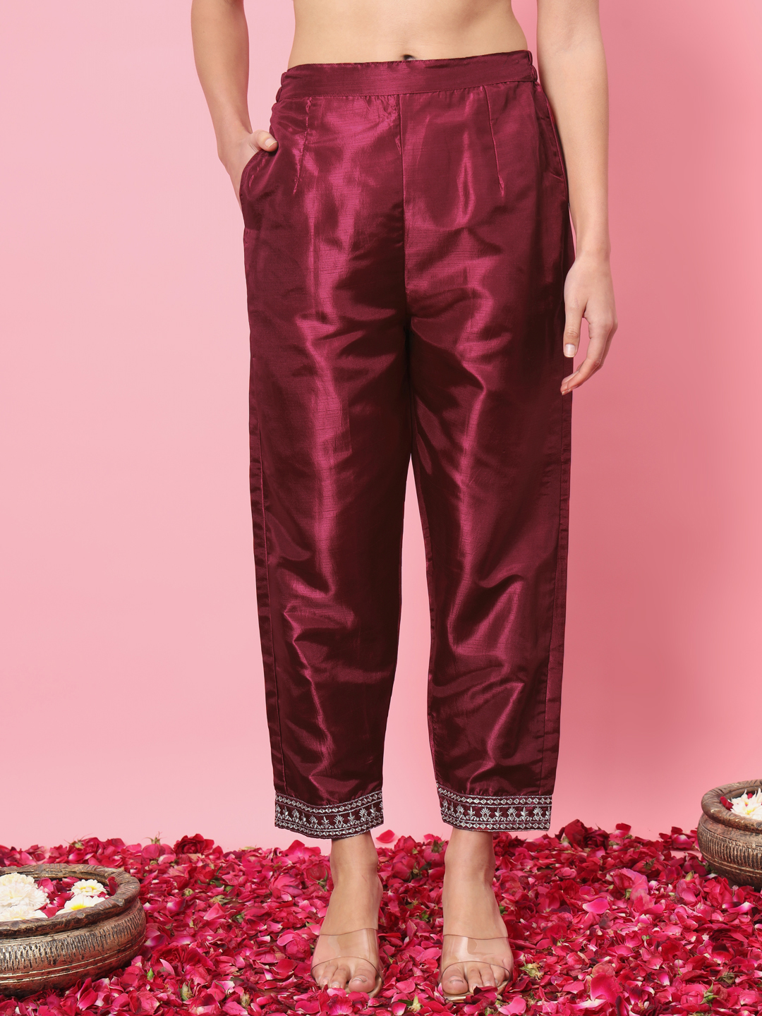 Cherry Red Embroidered Silk Blend Readymade Suit