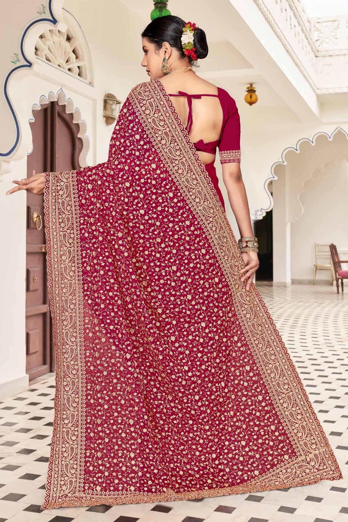 Cherry Red Gold Zari Embroidered Georgette Saree — alternate view