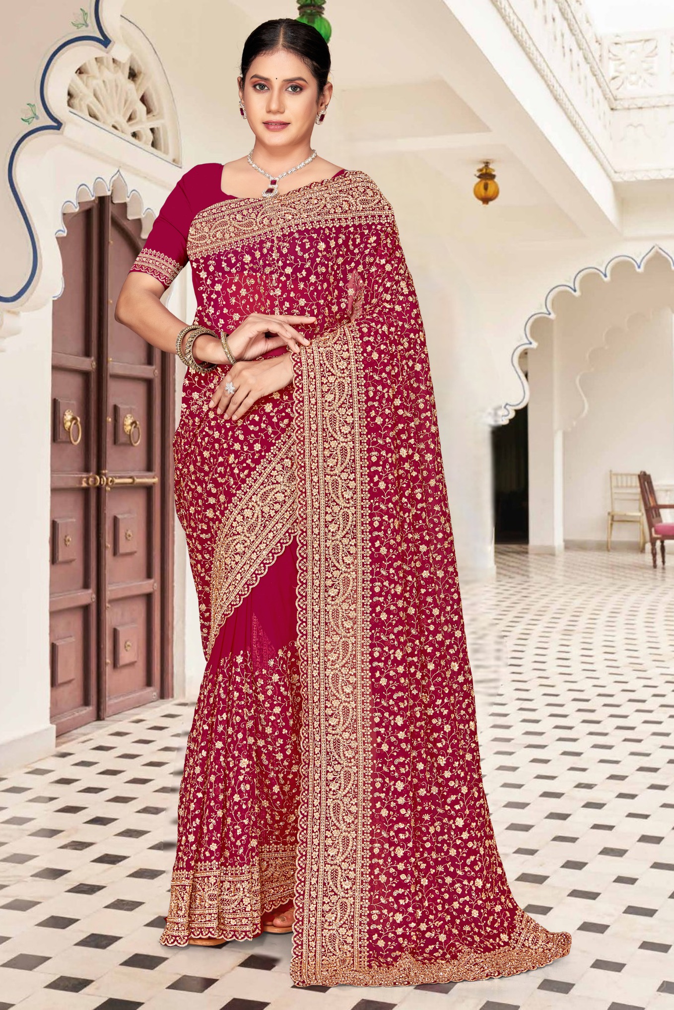 Cherry Red Gold Zari Embroidered Georgette Saree
