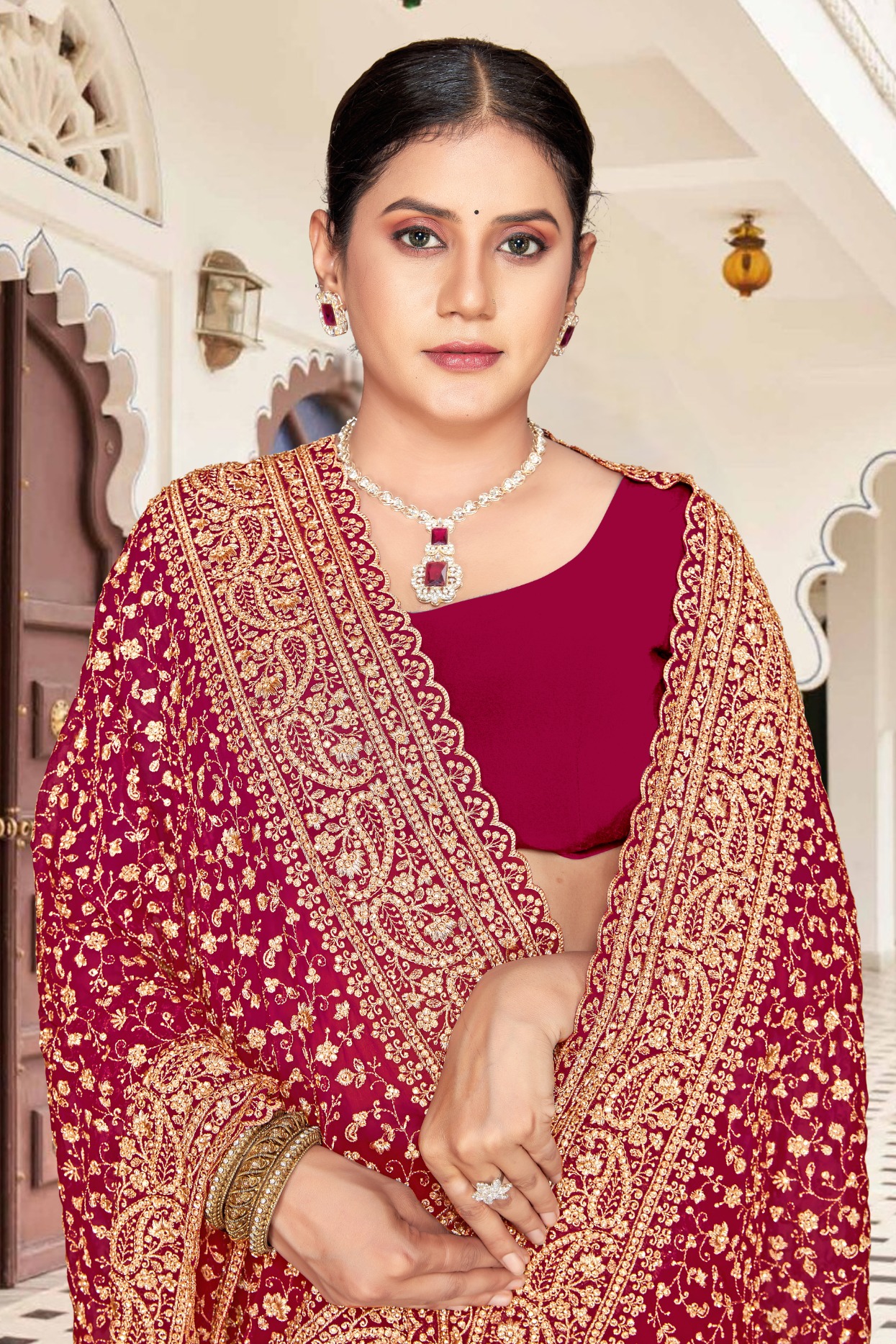 Cherry Red Gold Zari Embroidered Georgette Saree