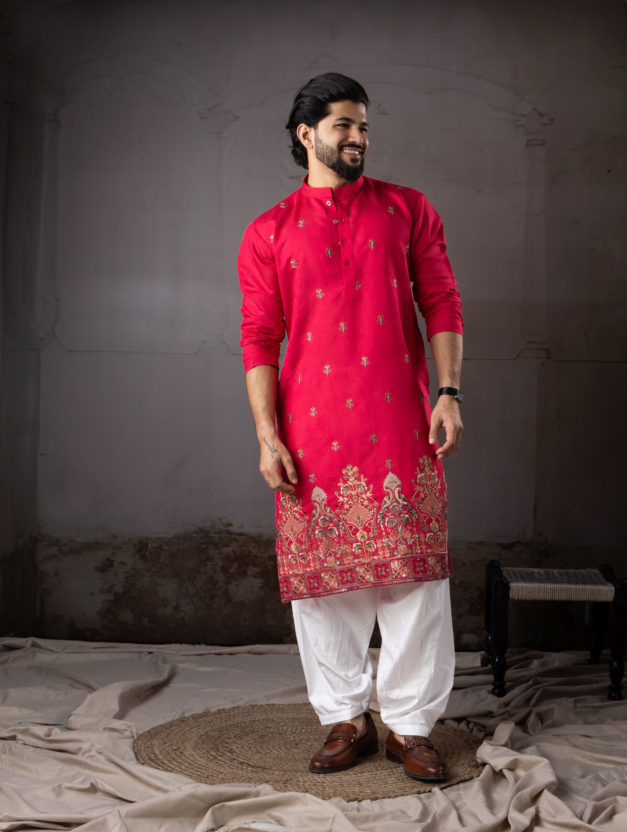 Cherry Red Rayon Embroidered Kurta Pyjama