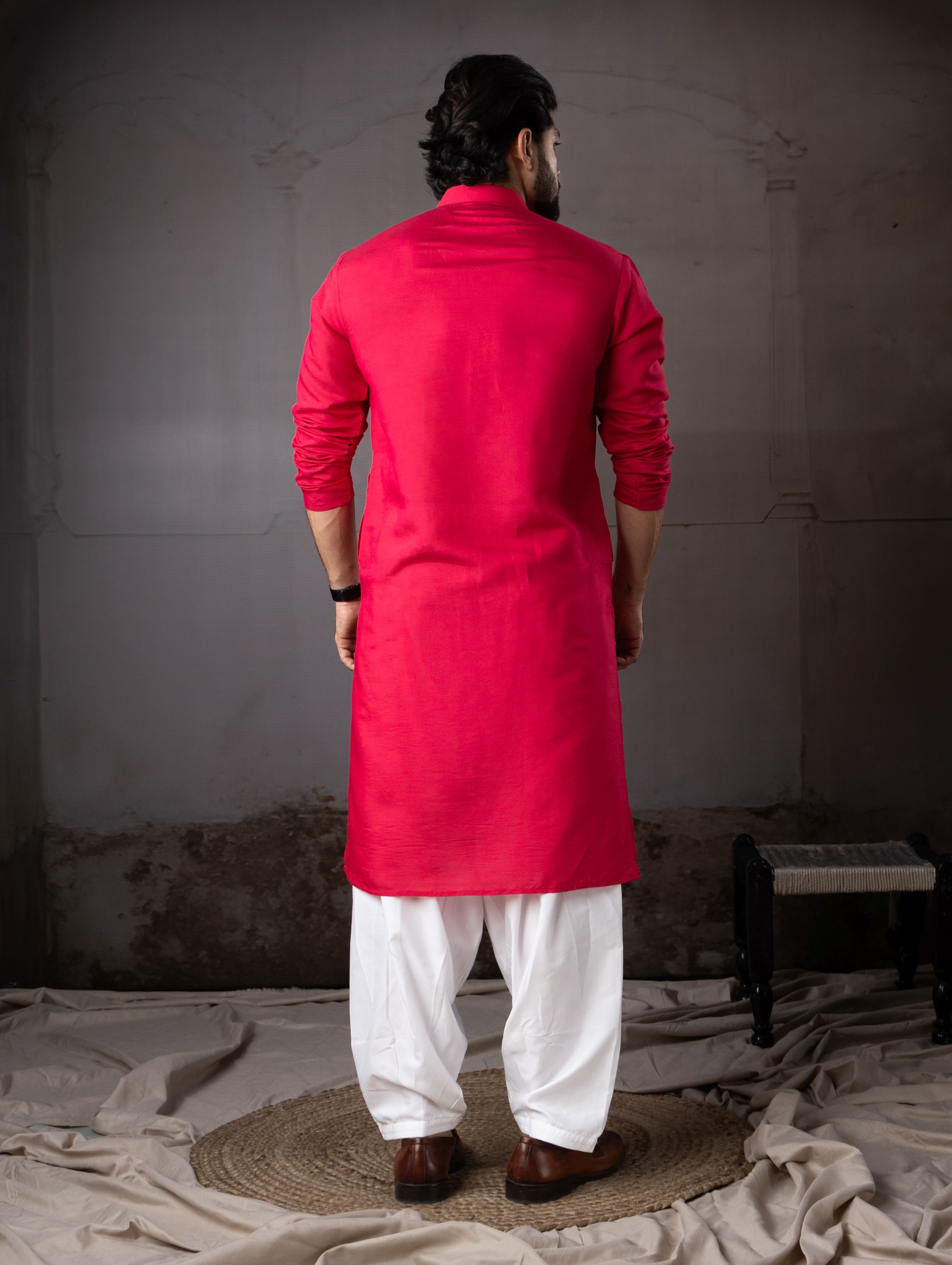 Cherry Red Rayon Embroidered Kurta Pyjama — alternate view