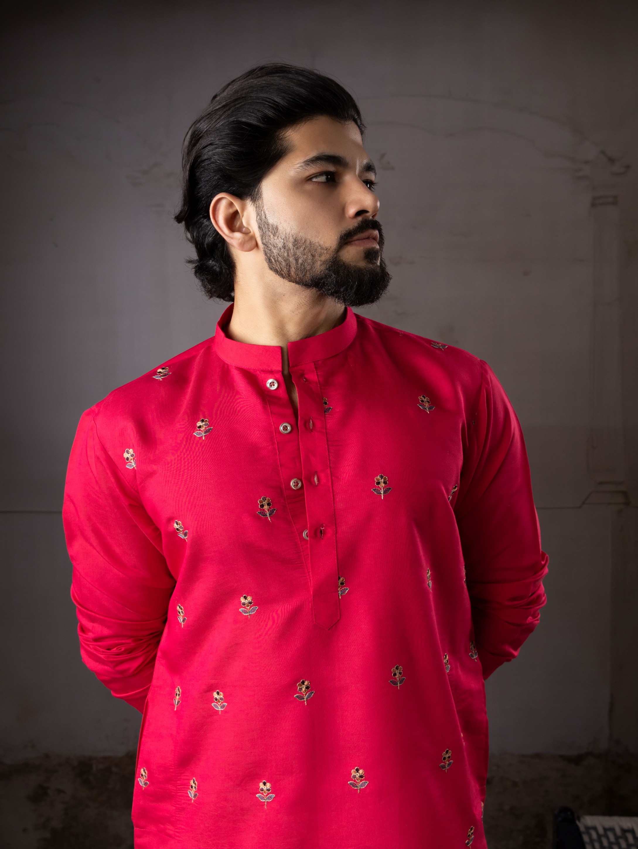 Cherry Red Rayon Embroidered Kurta Pyjama