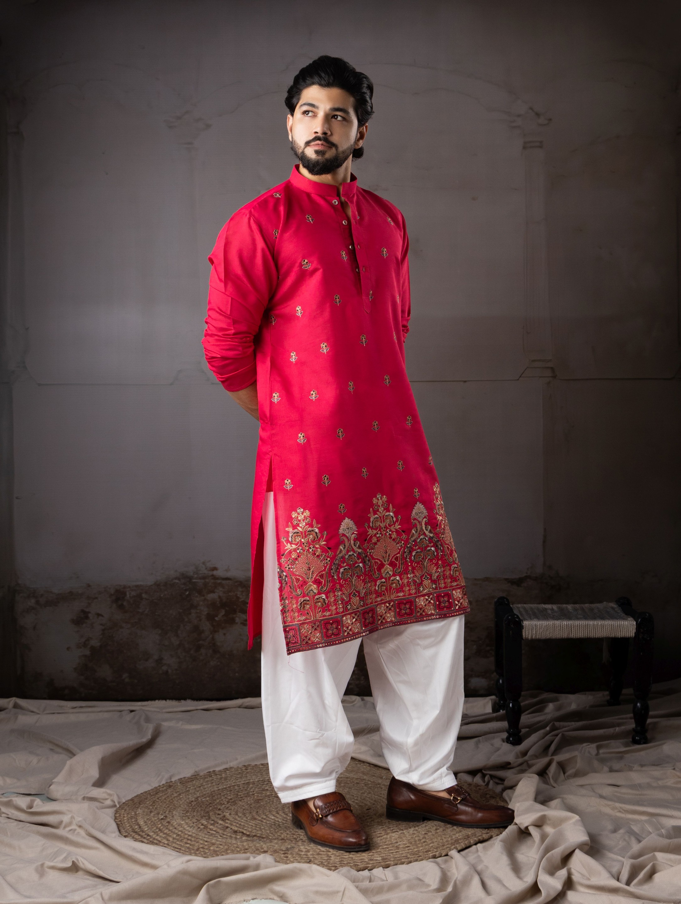 Cherry Red Rayon Embroidered Kurta Pyjama
