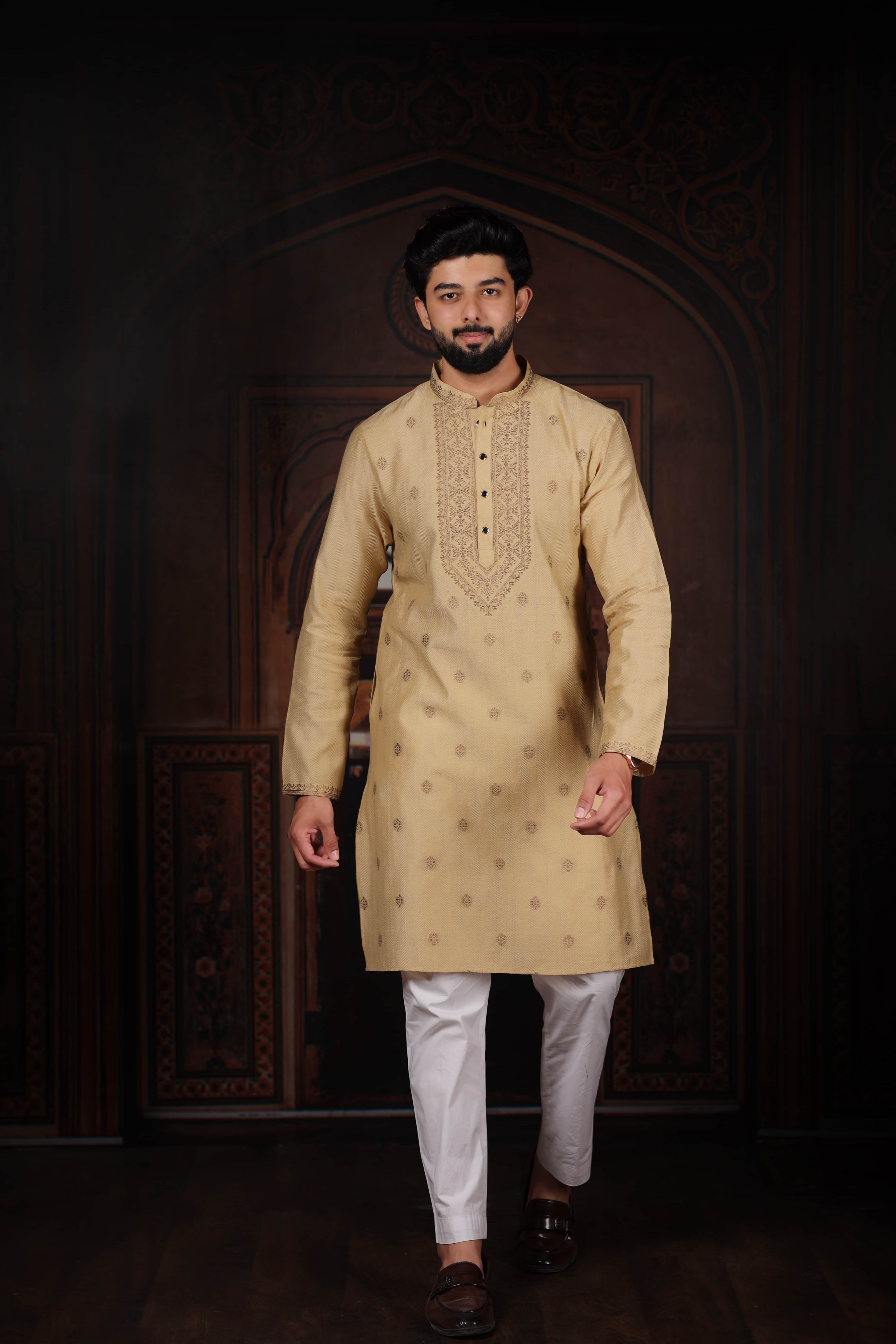 Chikoo Butti Jacquard Cotton Kurta Pyjama