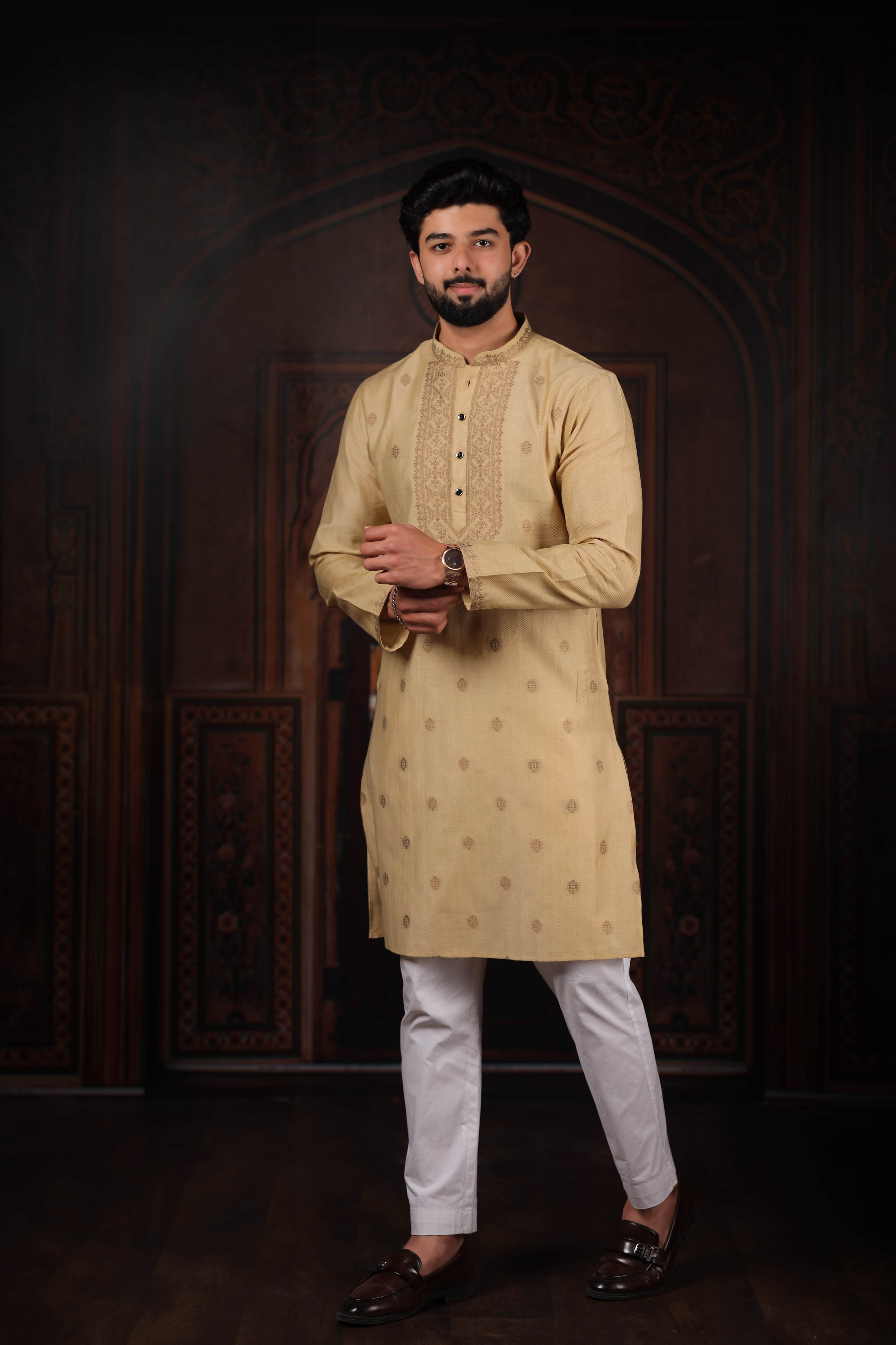 Chikoo Butti Jacquard Cotton Kurta Pyjama