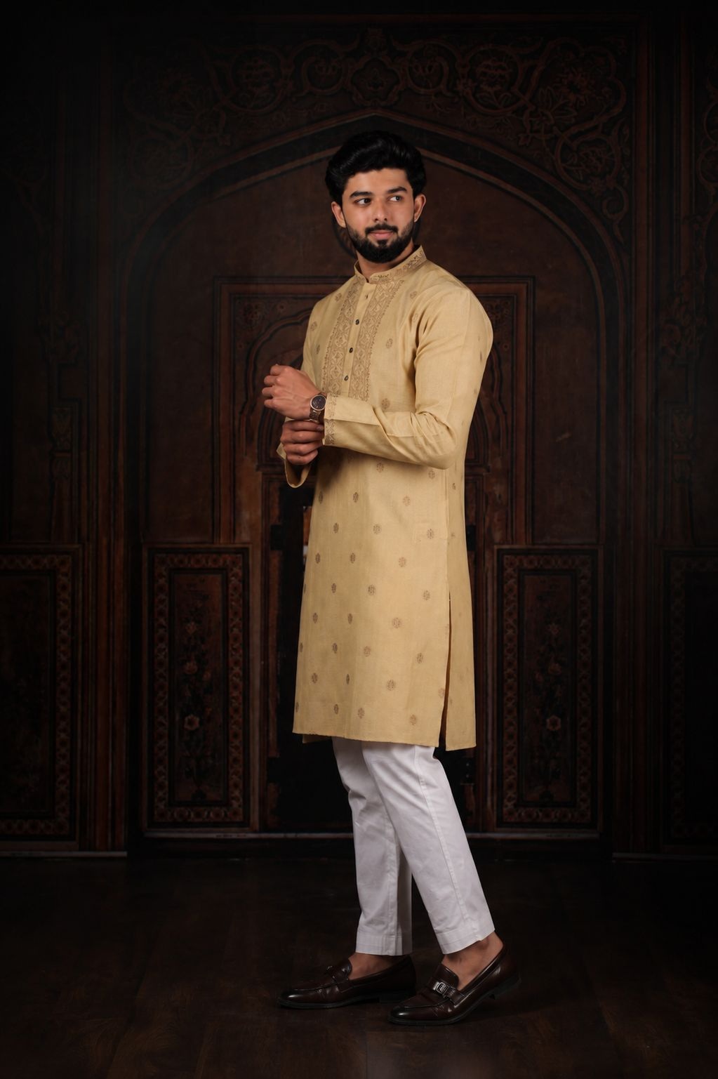 Chikoo Butti Jacquard Cotton Kurta Pyjama