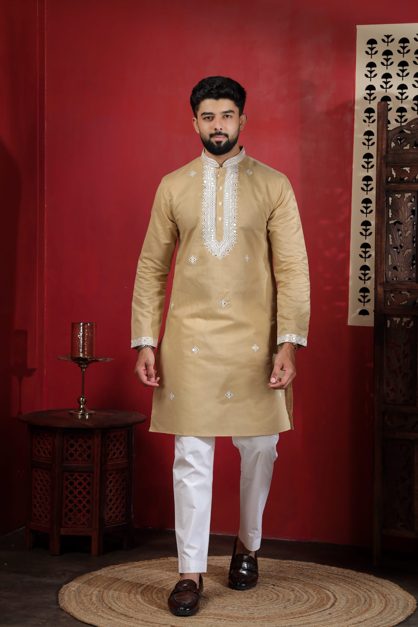 Chikoo Embroidered Cotton Kurta Pyjama
