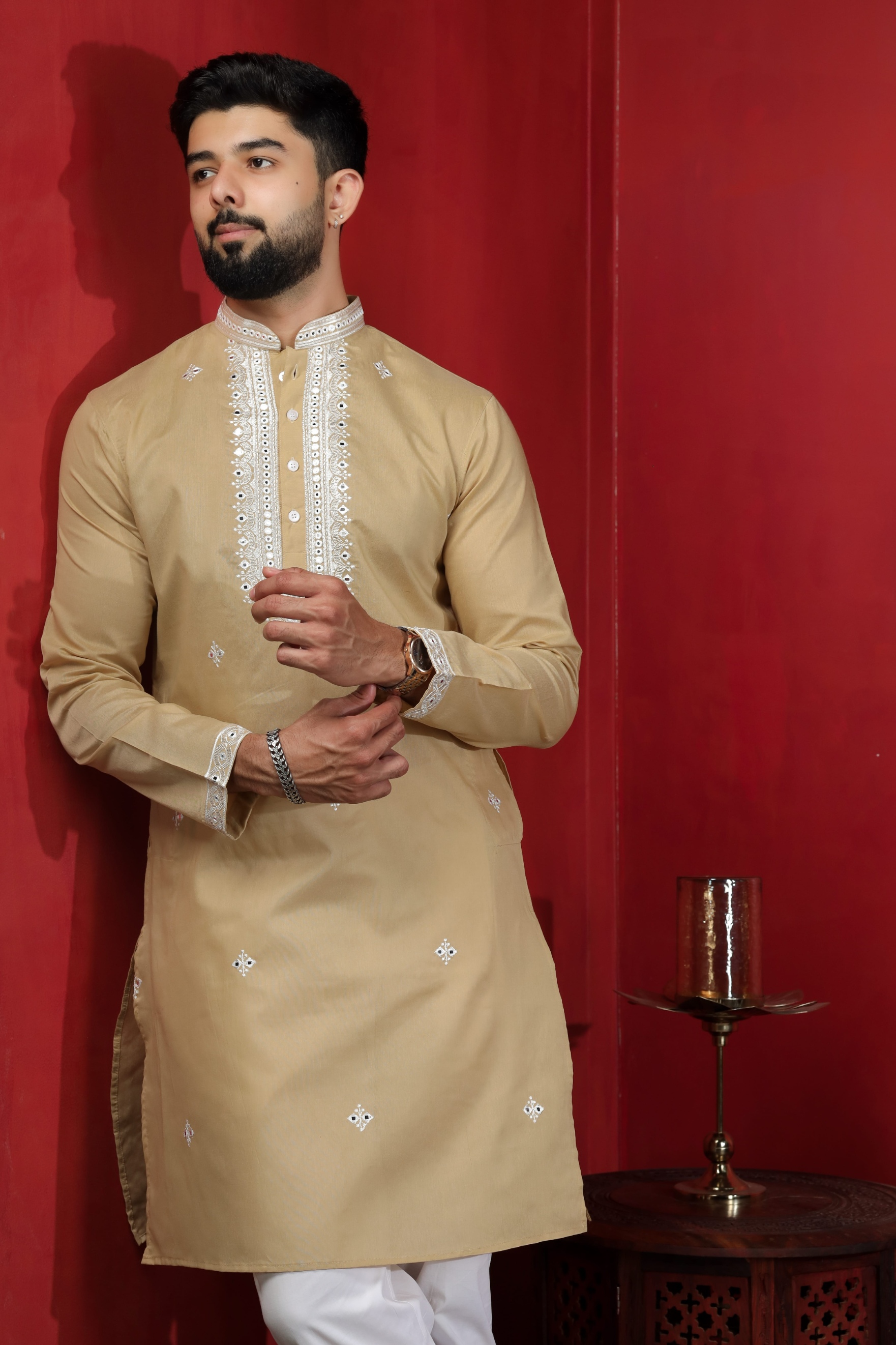 Chikoo Embroidered Cotton Kurta Pyjama