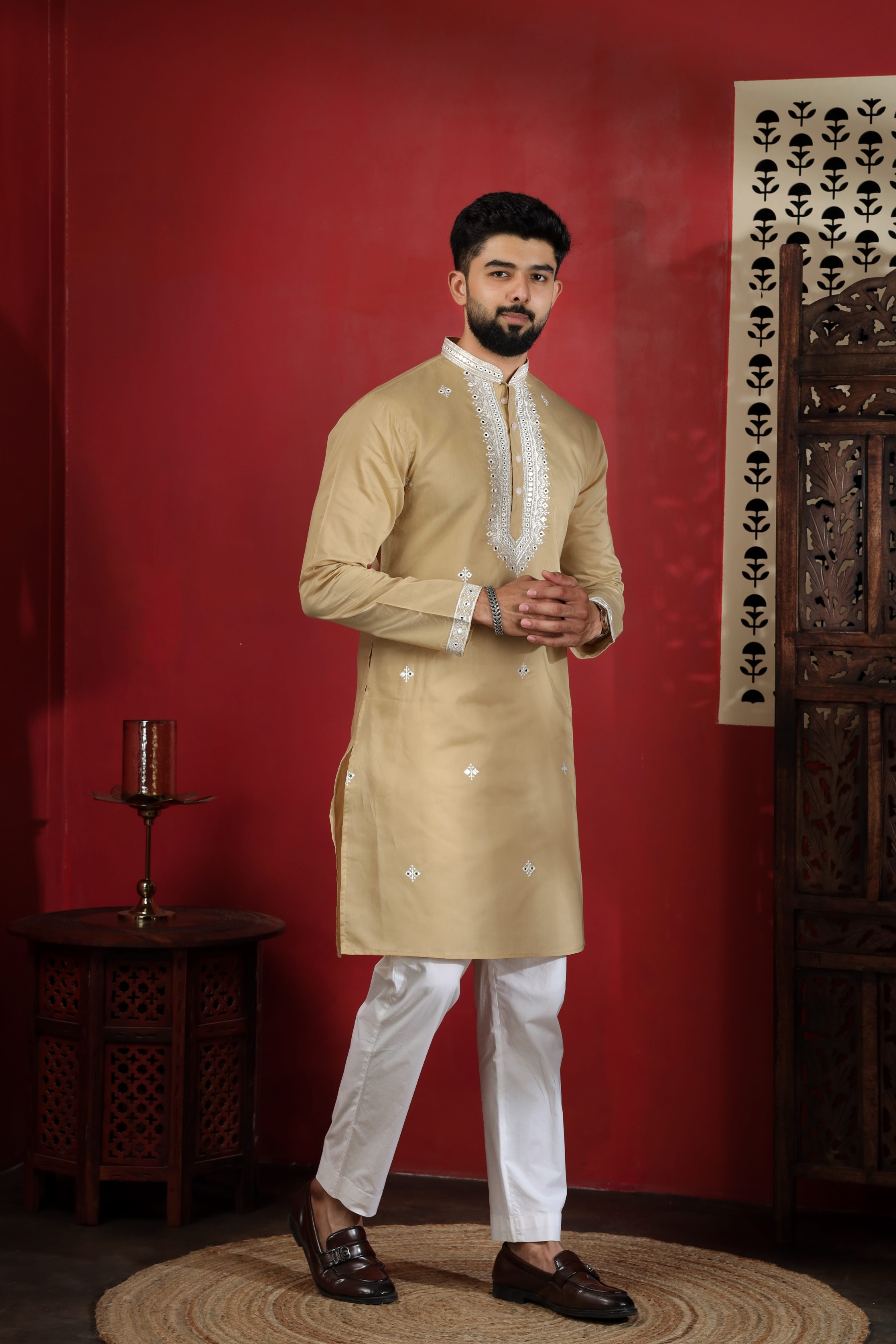 Chikoo Embroidered Cotton Kurta Pyjama