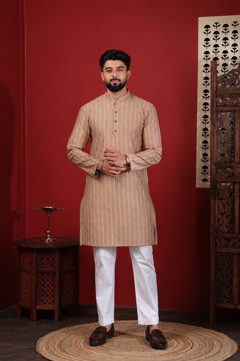 Chikoo Woven Designer Cotton Kurta Pyjama
