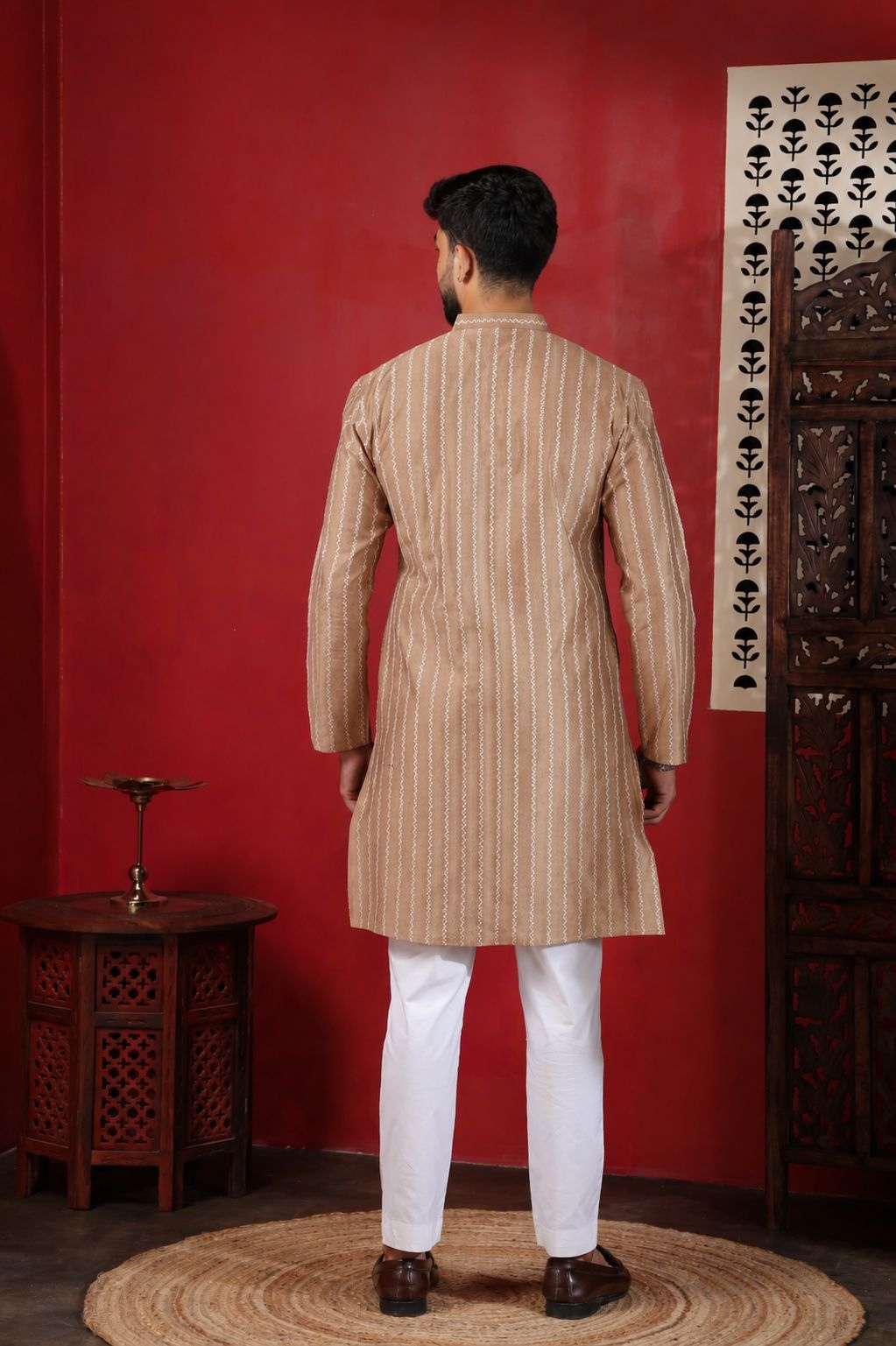 Chikoo Woven Designer Cotton Kurta Pyjama — alternate view