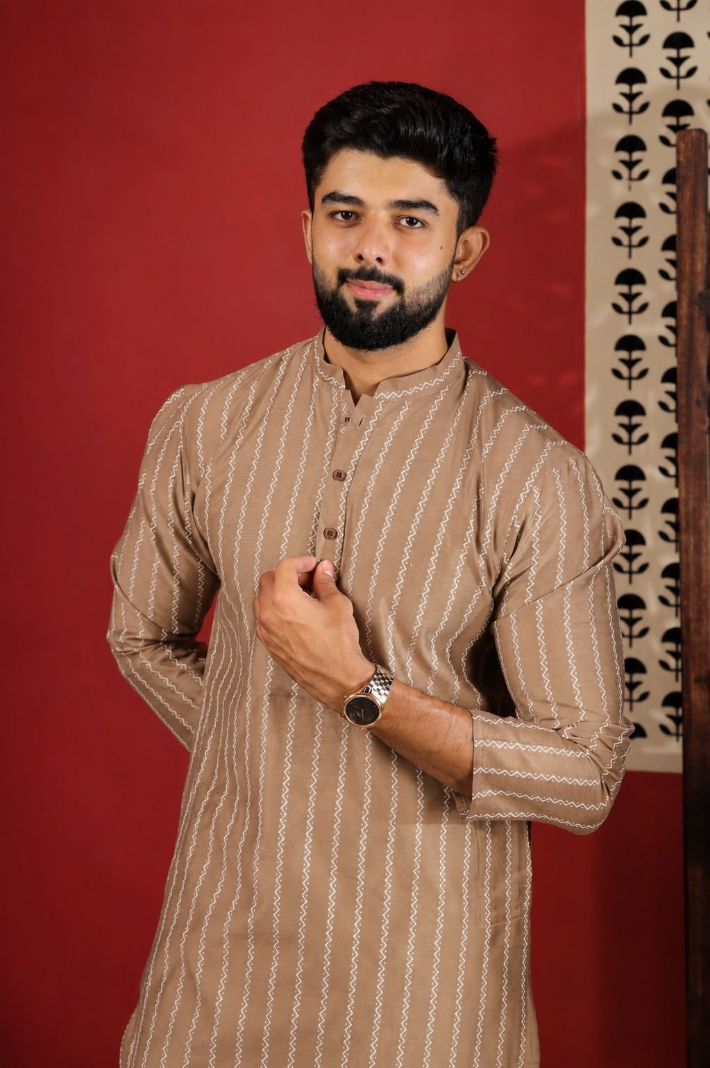 Chikoo Woven Designer Cotton Kurta Pyjama