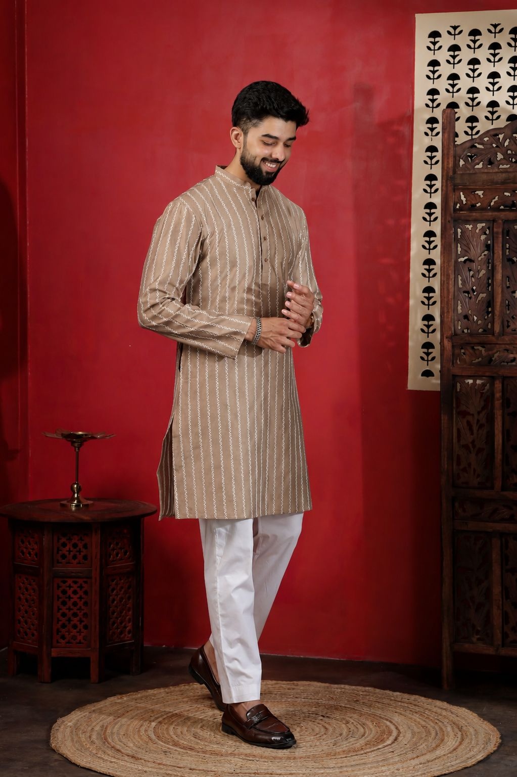 Chikoo Woven Designer Cotton Kurta Pyjama