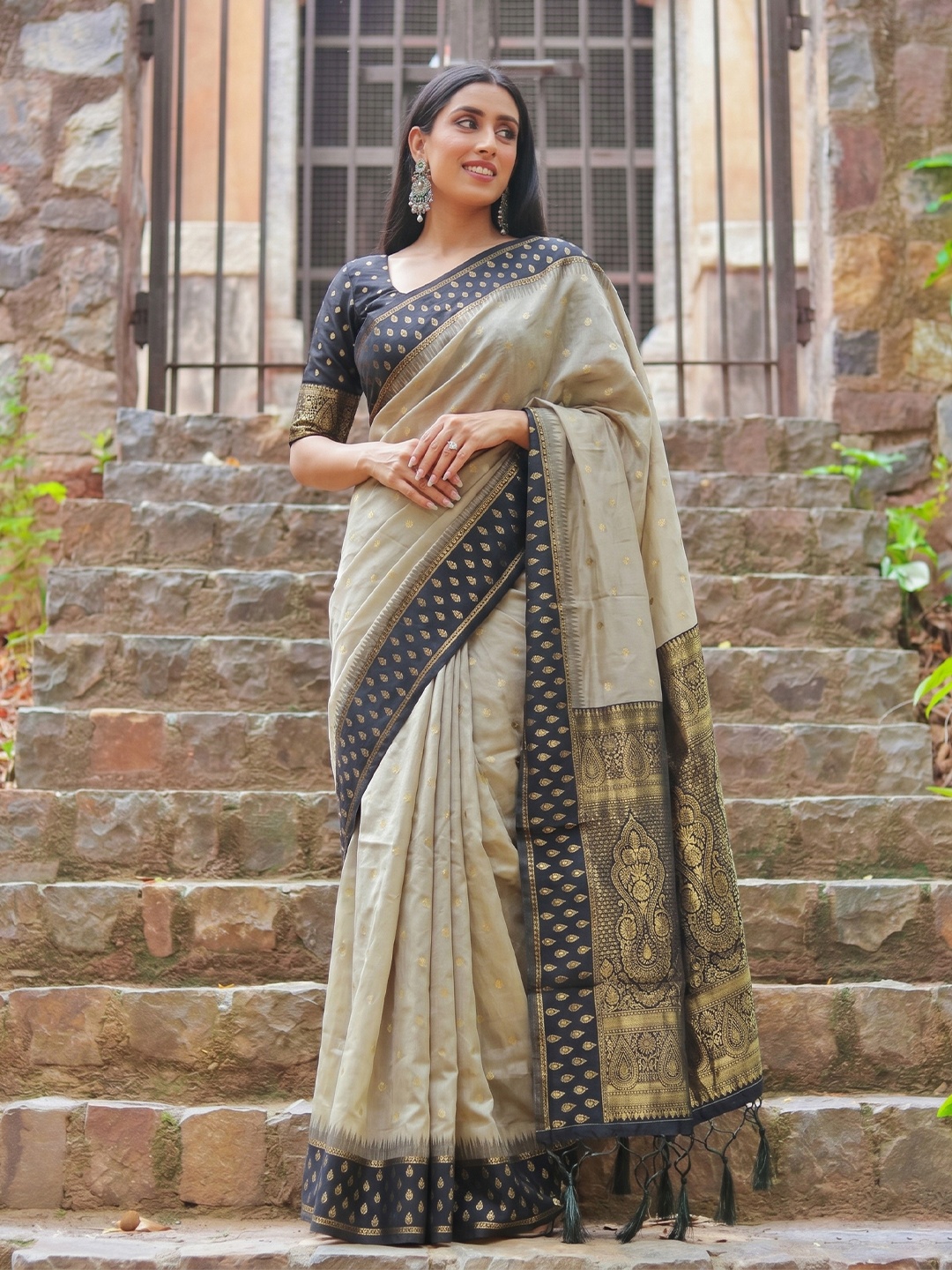 Chiku Black Weaving Zari Cotton Saree