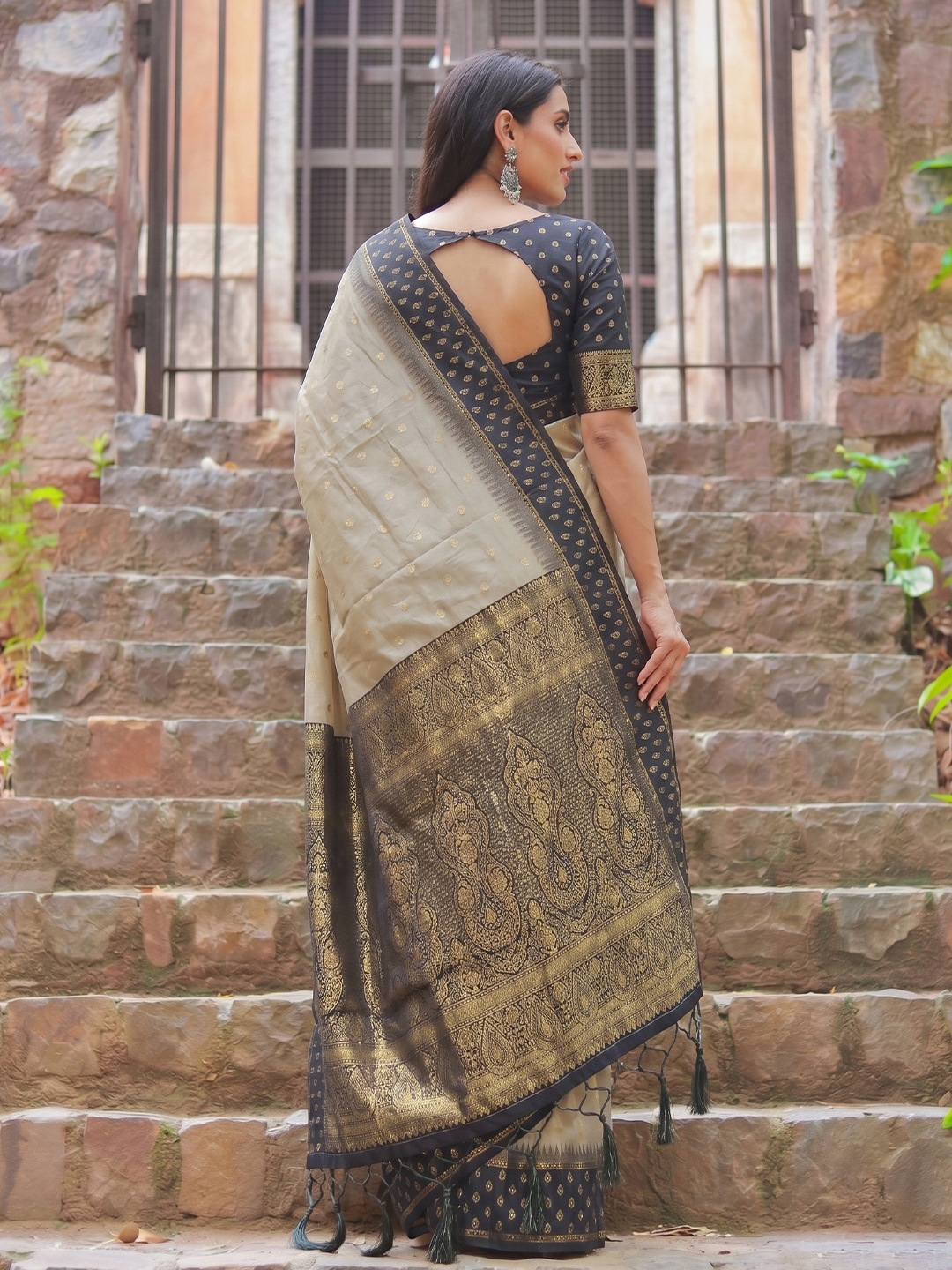 Chiku Black Weaving Zari Cotton Saree — alternate view