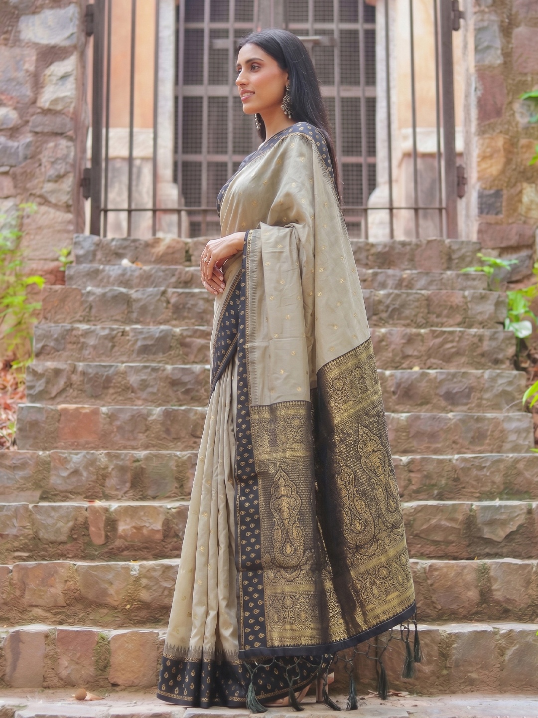 Chiku Black Weaving Zari Cotton Saree