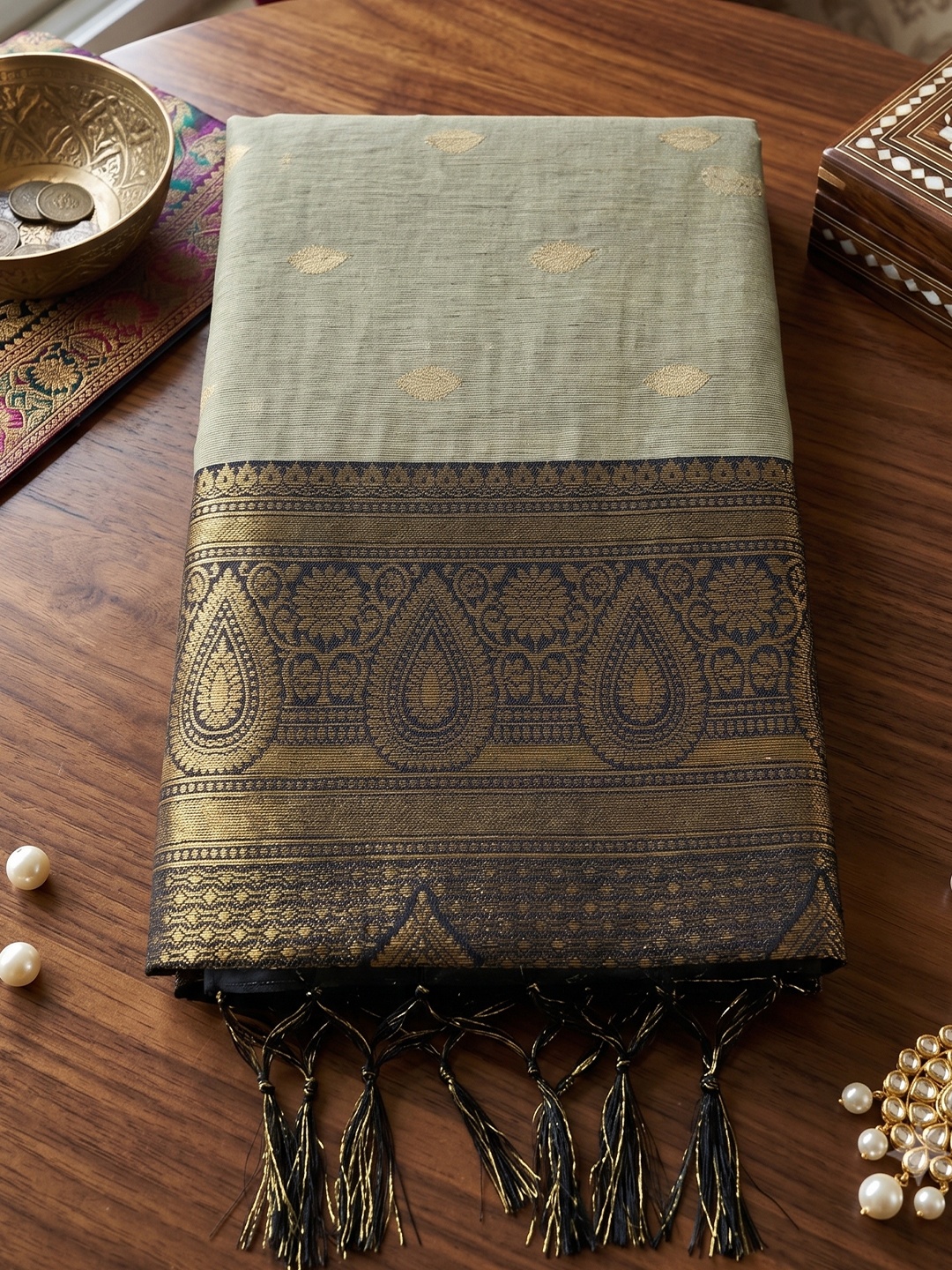 Chiku Black Weaving Zari Cotton Saree