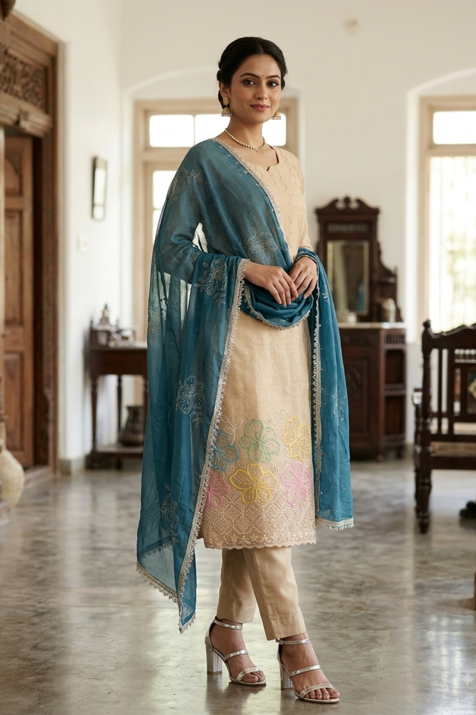 Chiku Blue Designer Bits Embroidery Salsa Straight Suit