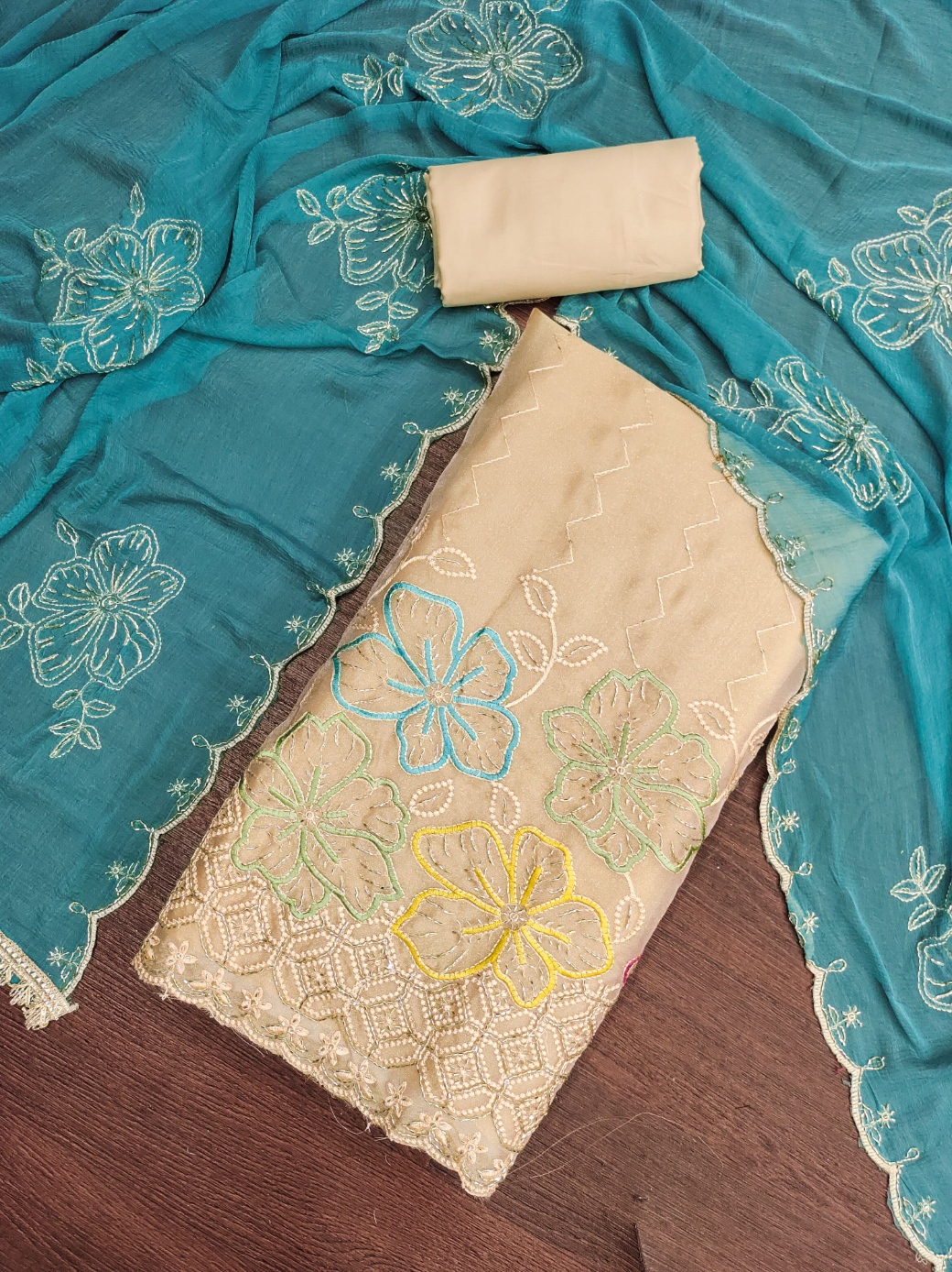 Chiku Blue Designer Bits Embroidery Salsa Straight Suit