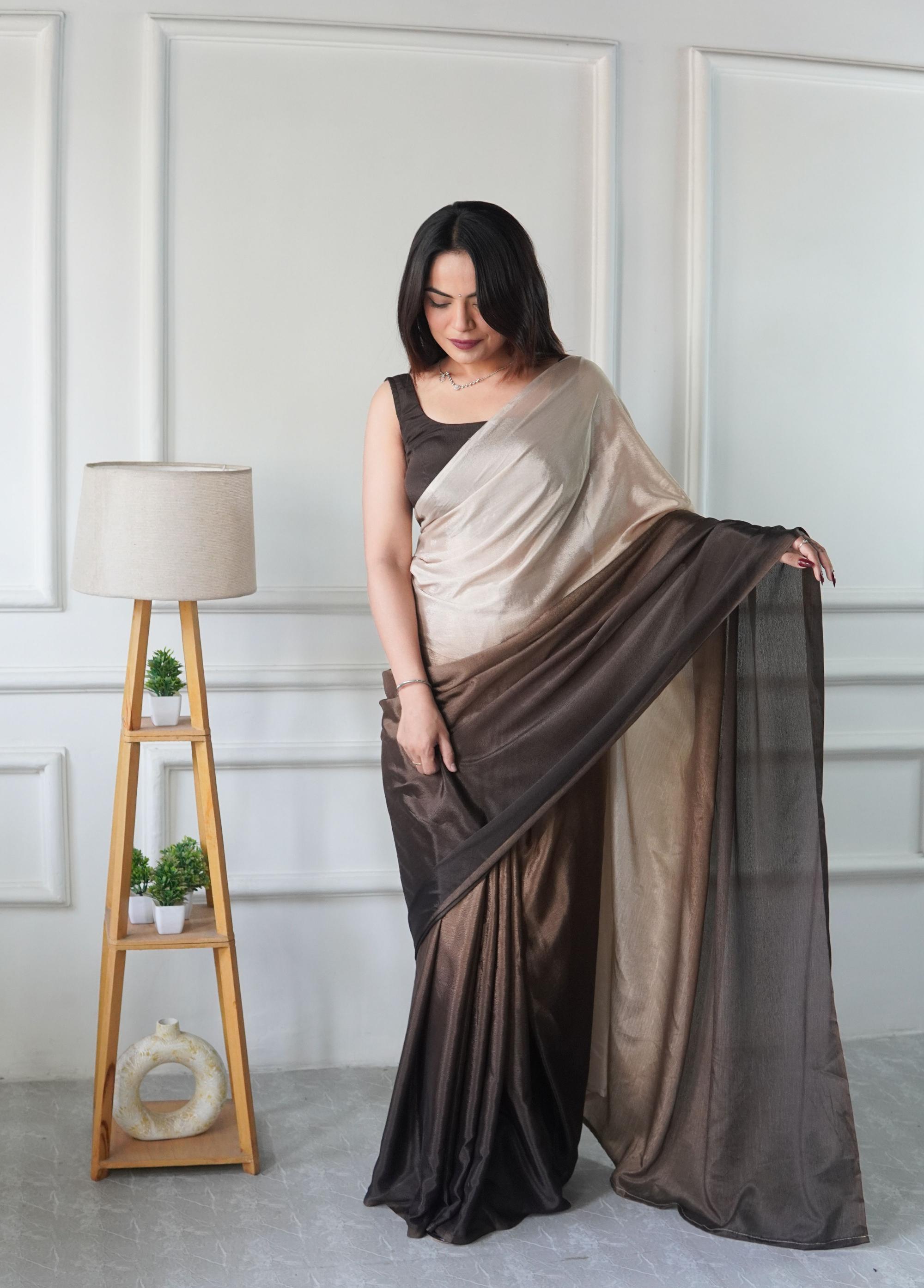 Chiku Coffee Chinnon Ready To Wear Saree