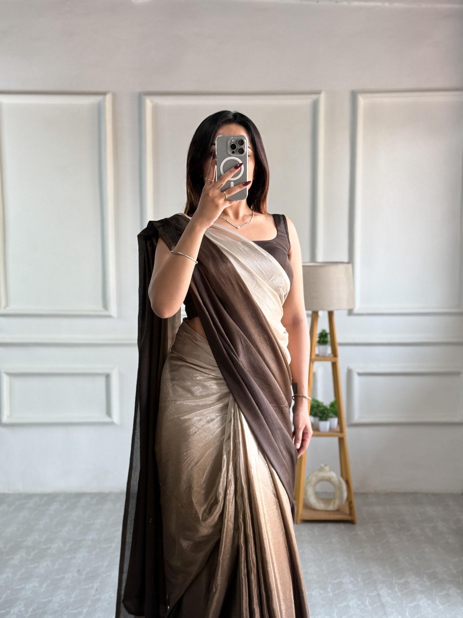 Chiku Coffee Chinnon Ready To Wear Saree — alternate view