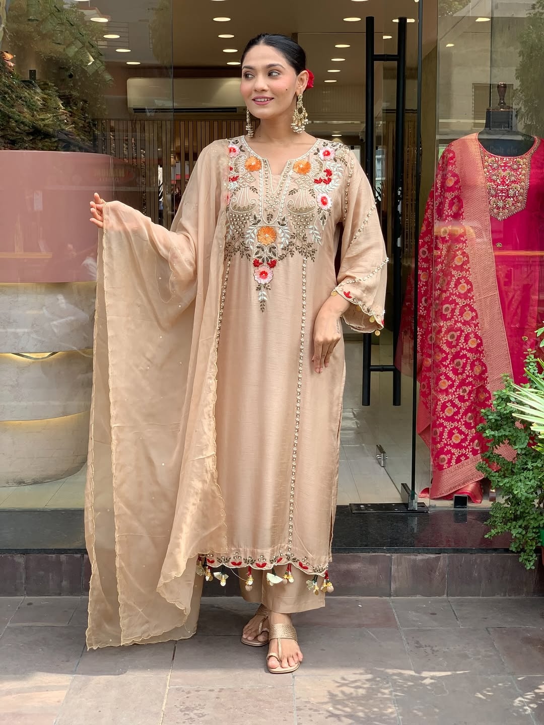 Chiku Embroidered P V Chanderi Straight Kurta Set