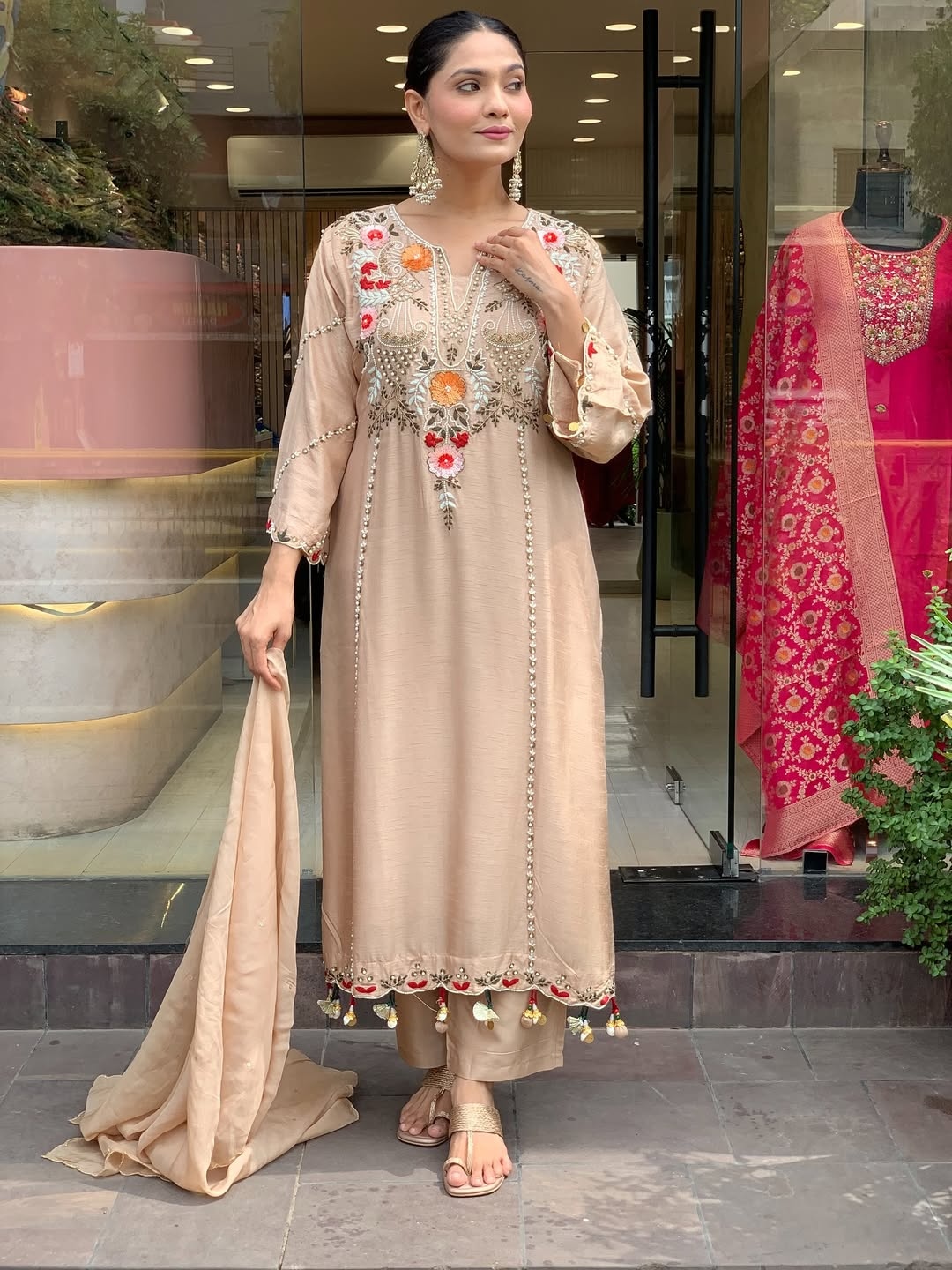 Chiku Embroidered P V Chanderi Straight Kurta Set — alternate view