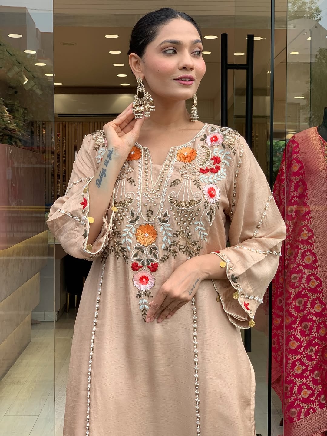 Chiku Embroidered P V Chanderi Straight Kurta Set