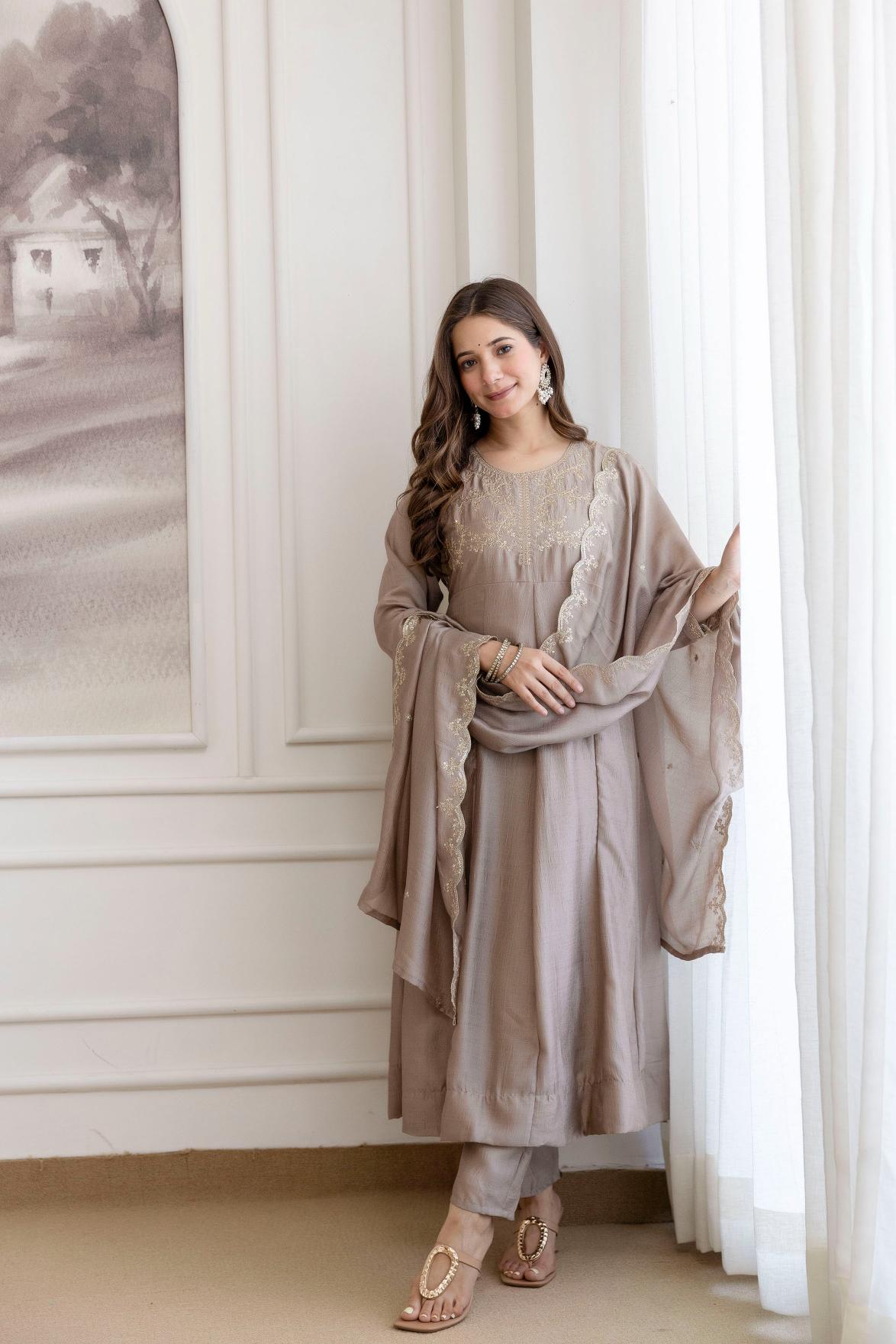 Chiku Embroidered Vichitra Silk Anarkali Suit