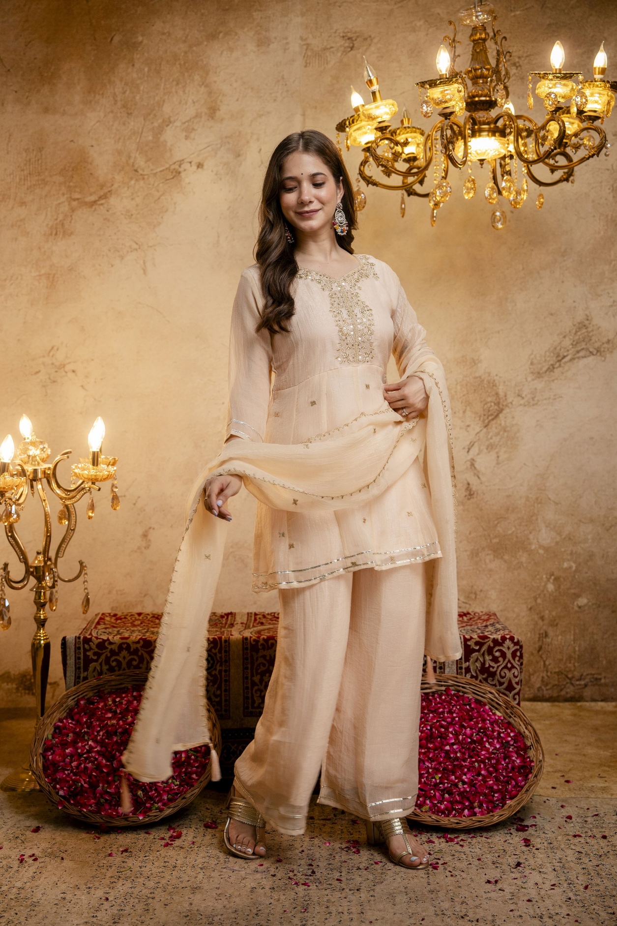Chiku Floral Designer Embroidery Crunchy Palazzo Suit