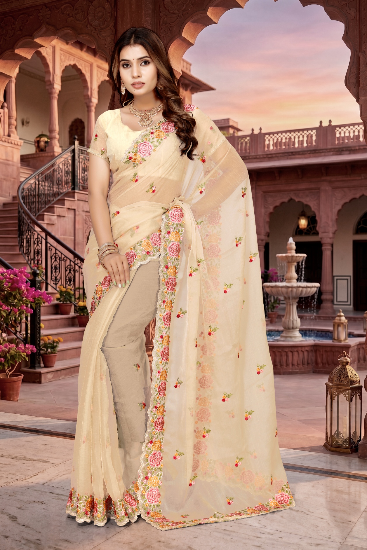Chiku Floral Resham Embroidery Vari Silk Saree