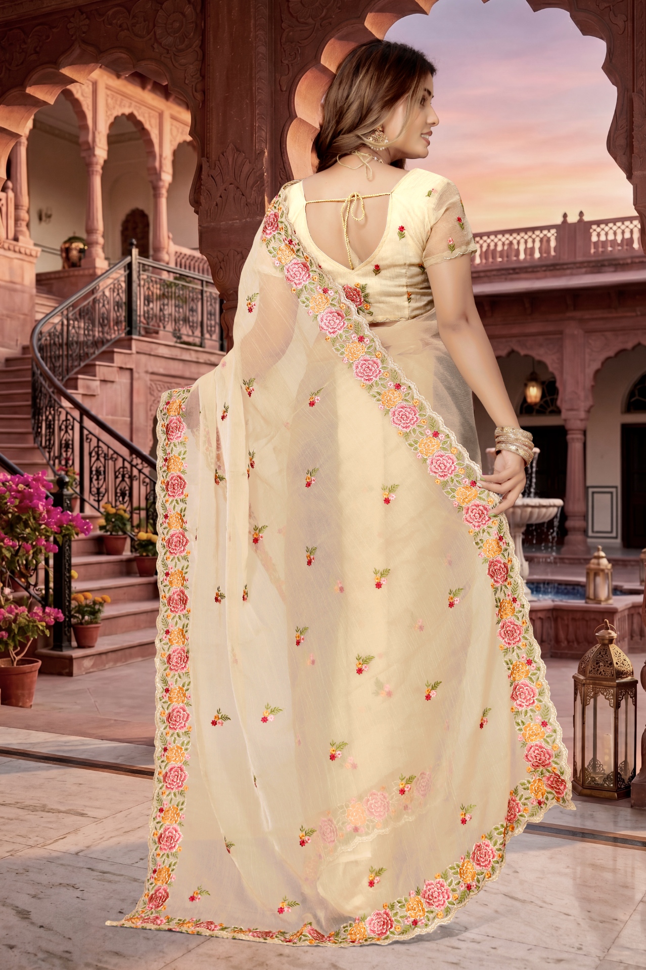 Chiku Floral Resham Embroidery Vari Silk Saree — alternate view