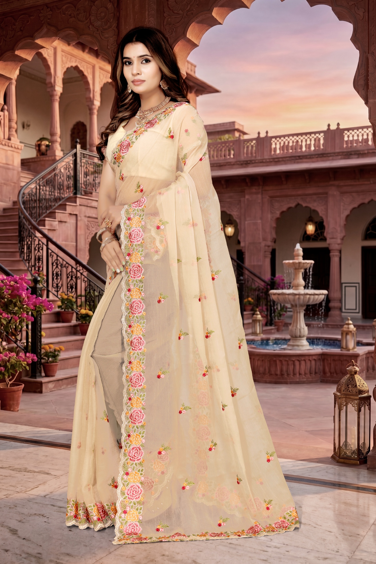 Chiku Floral Resham Embroidery Vari Silk Saree