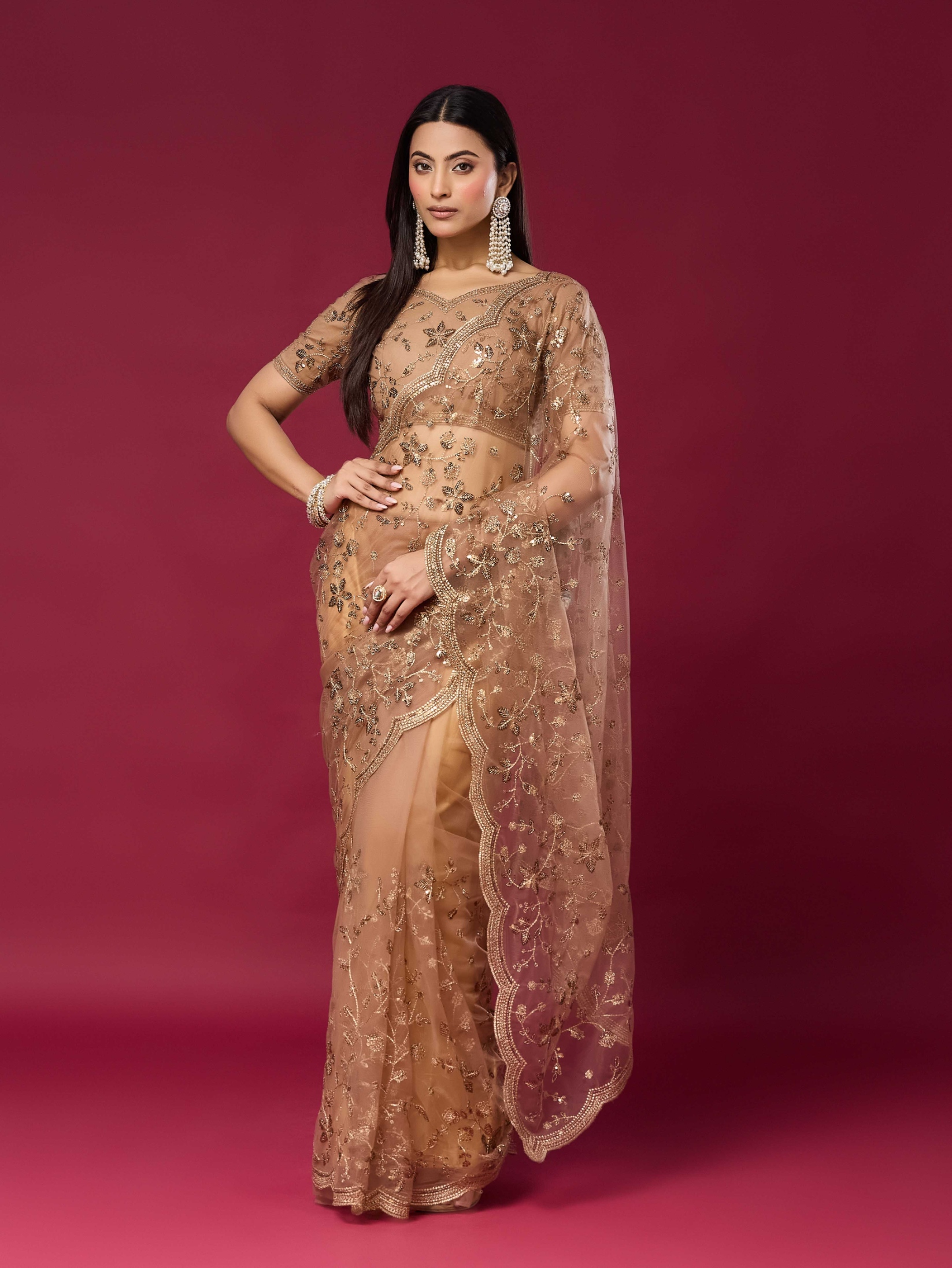 Chiku Floral Sequins Soft Net Saree