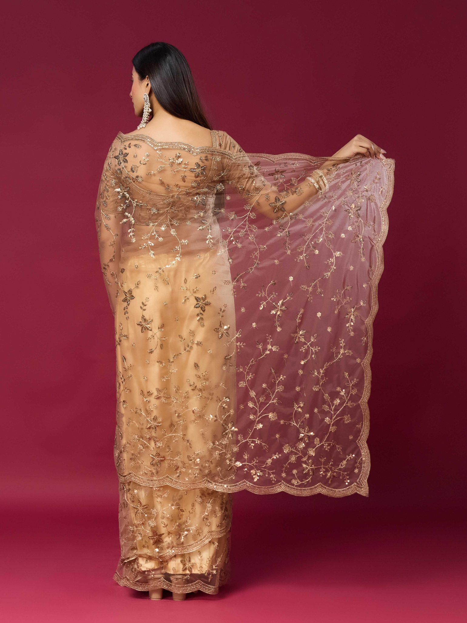 Chiku Floral Sequins Soft Net Saree — alternate view