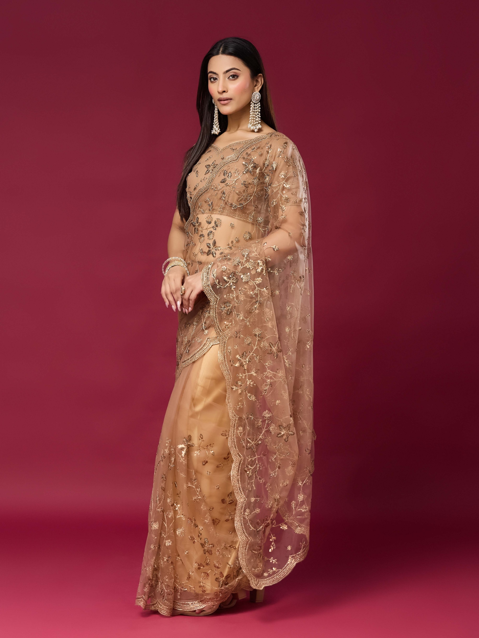 Chiku Floral Sequins Soft Net Saree