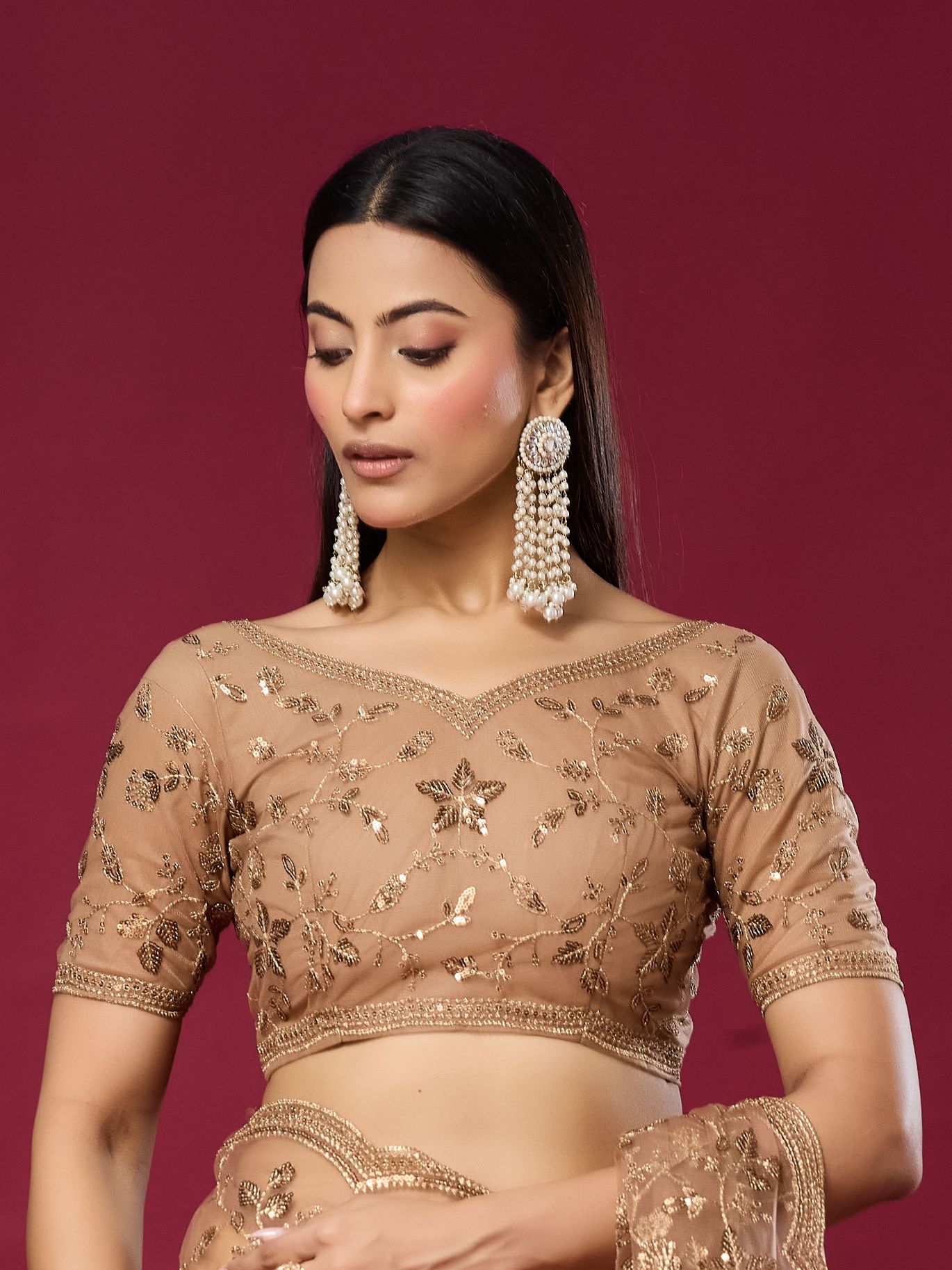 Chiku Floral Sequins Soft Net Saree